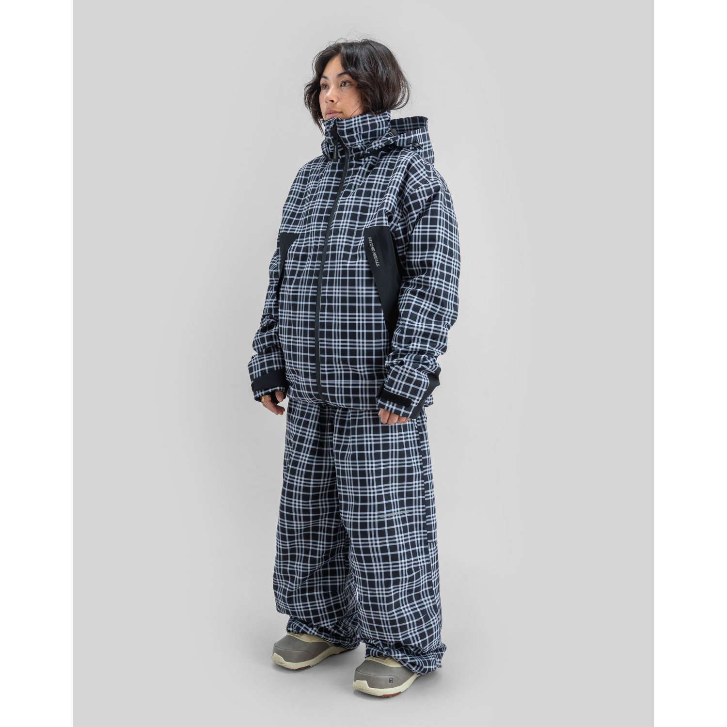 Snow suit, Checkered pattern, Hooded jacket, Pants set, Snow gear