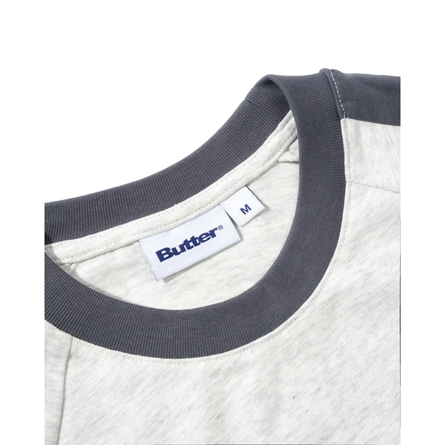 T-shirt, col rond, gris chiné, col gris foncé, coton