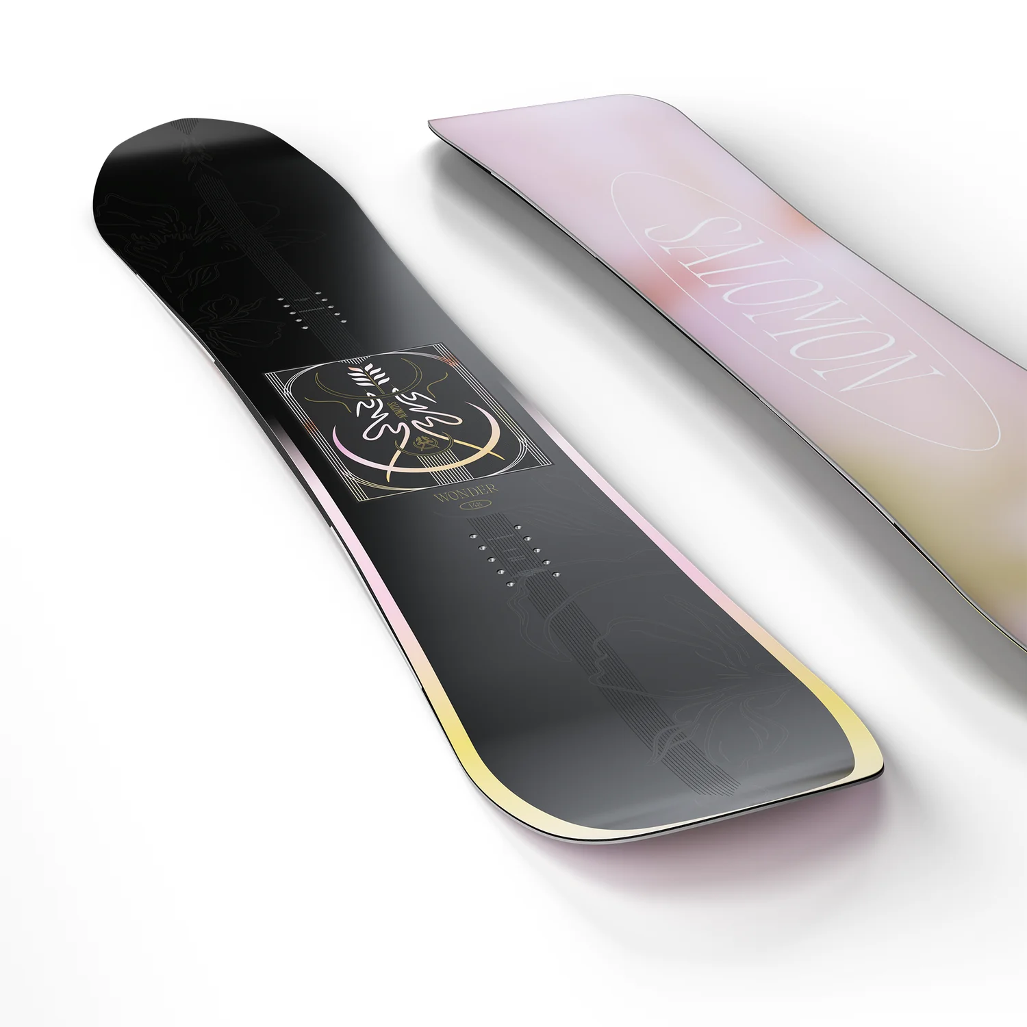 Snowboard, graphisme, dégradé, design gothique, largeur de pied large, snowboard, surface noire, dégradé aux couleurs pastel, motif décoratif, trous de fixation