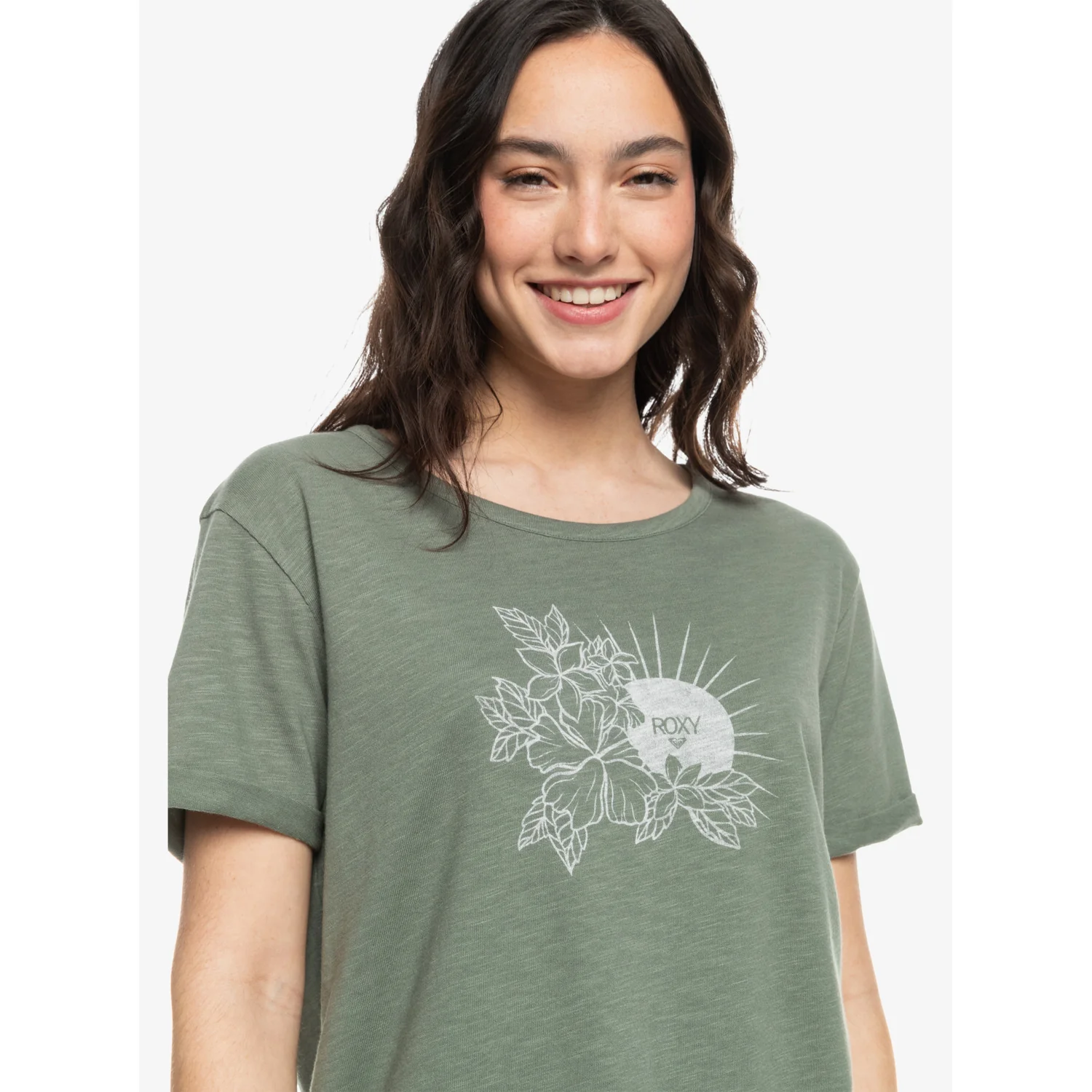 Ocean After Damen-T-Shirt, Rundhalsausschnitt, Kurzarm, Salbeigrün, Blumenprint