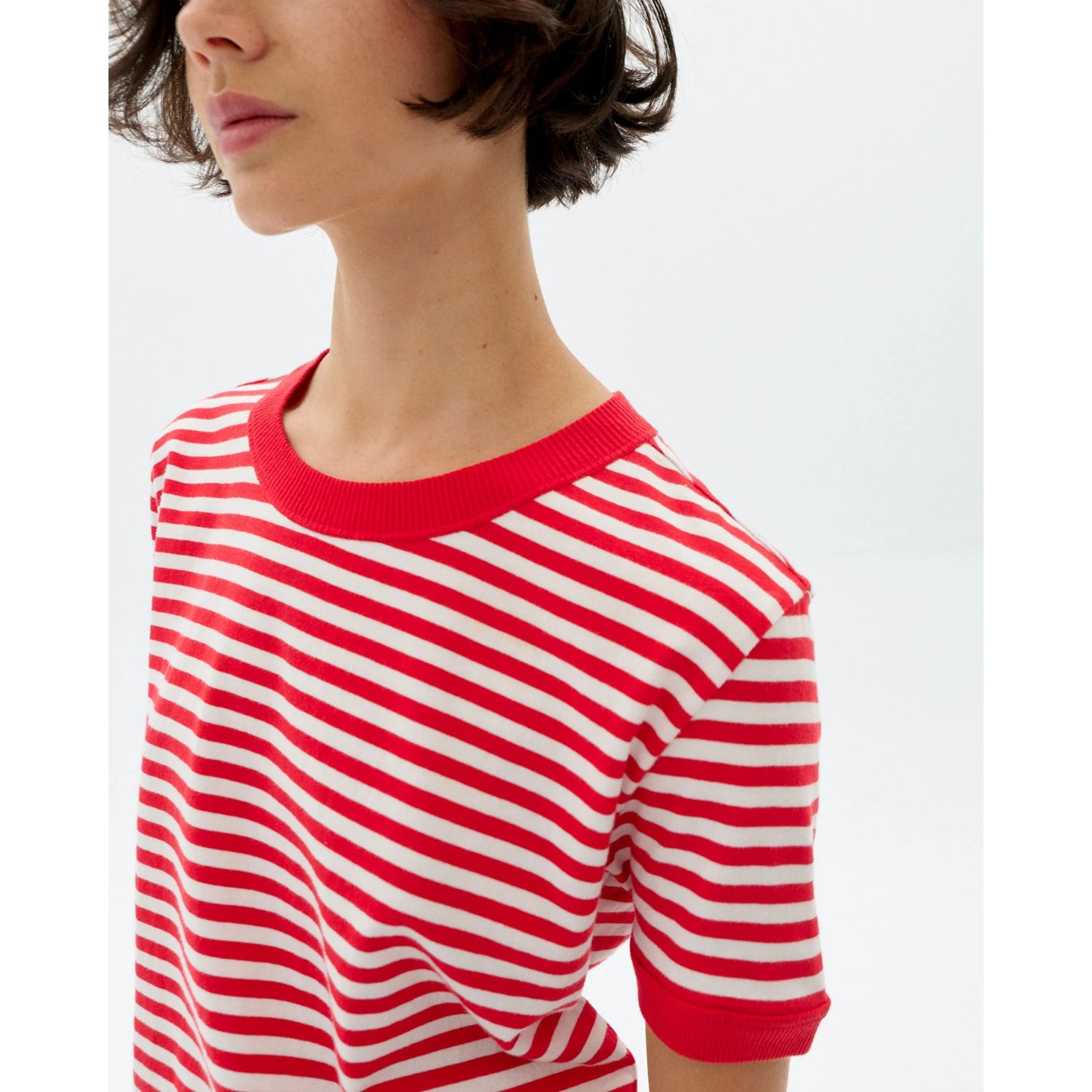 Streifen, Runder Hals, T-Shirt, Rot-Weiß, Kurzarm