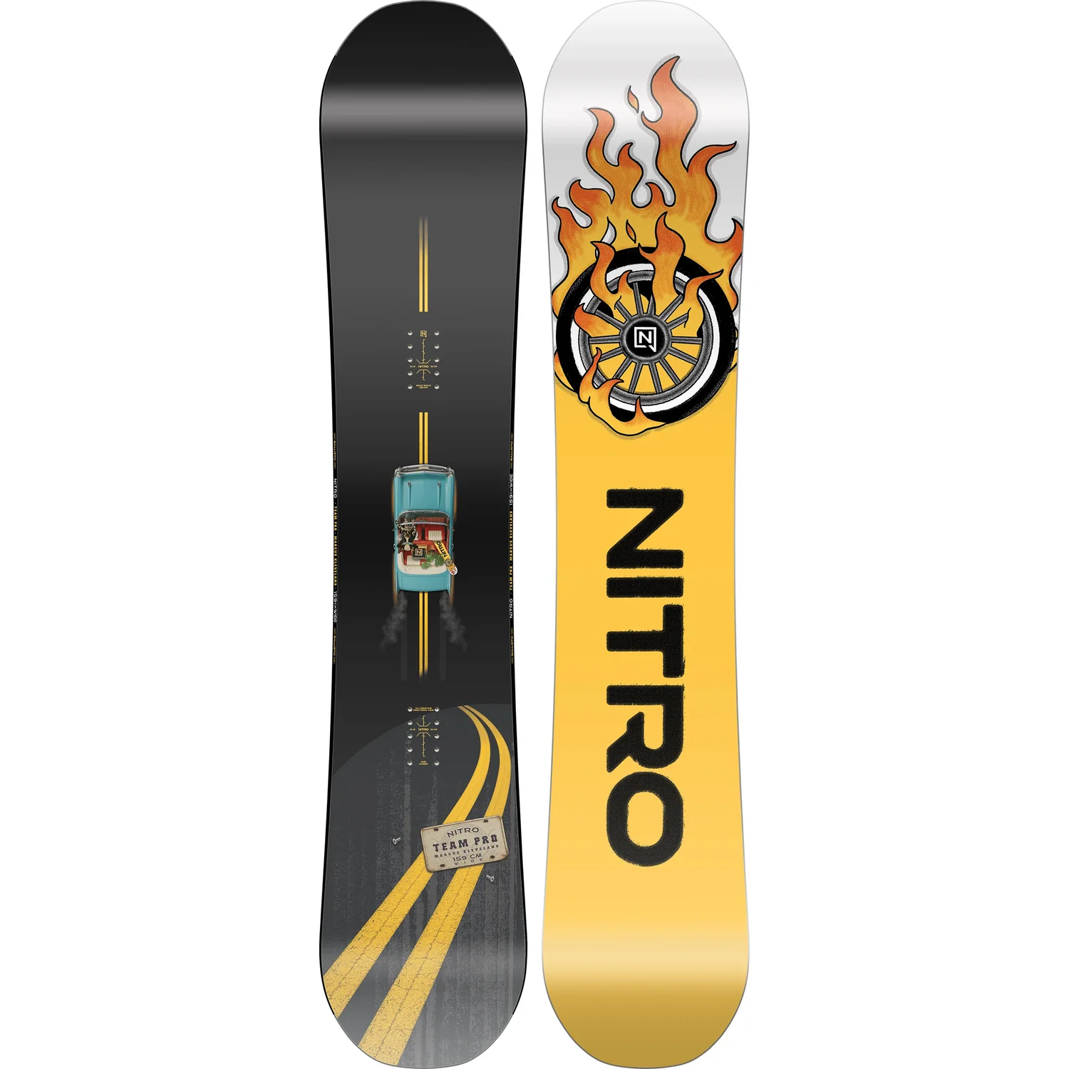 Team Pro MK Wide Snowboard, jaune et noir, roue enflammée, motif urbain, planche de freestyle