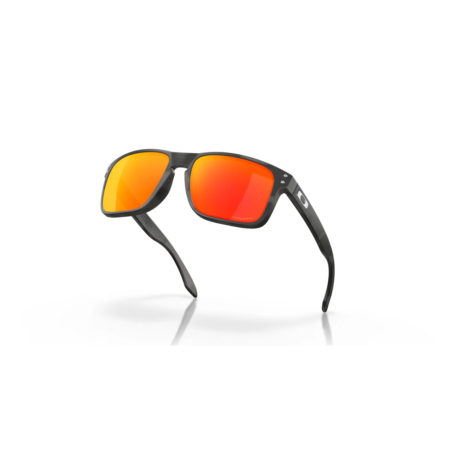 Sonnenbrille, schwarzer Rahmen, verspiegelte Gläser, orangefarbene Gläser, eckige Form