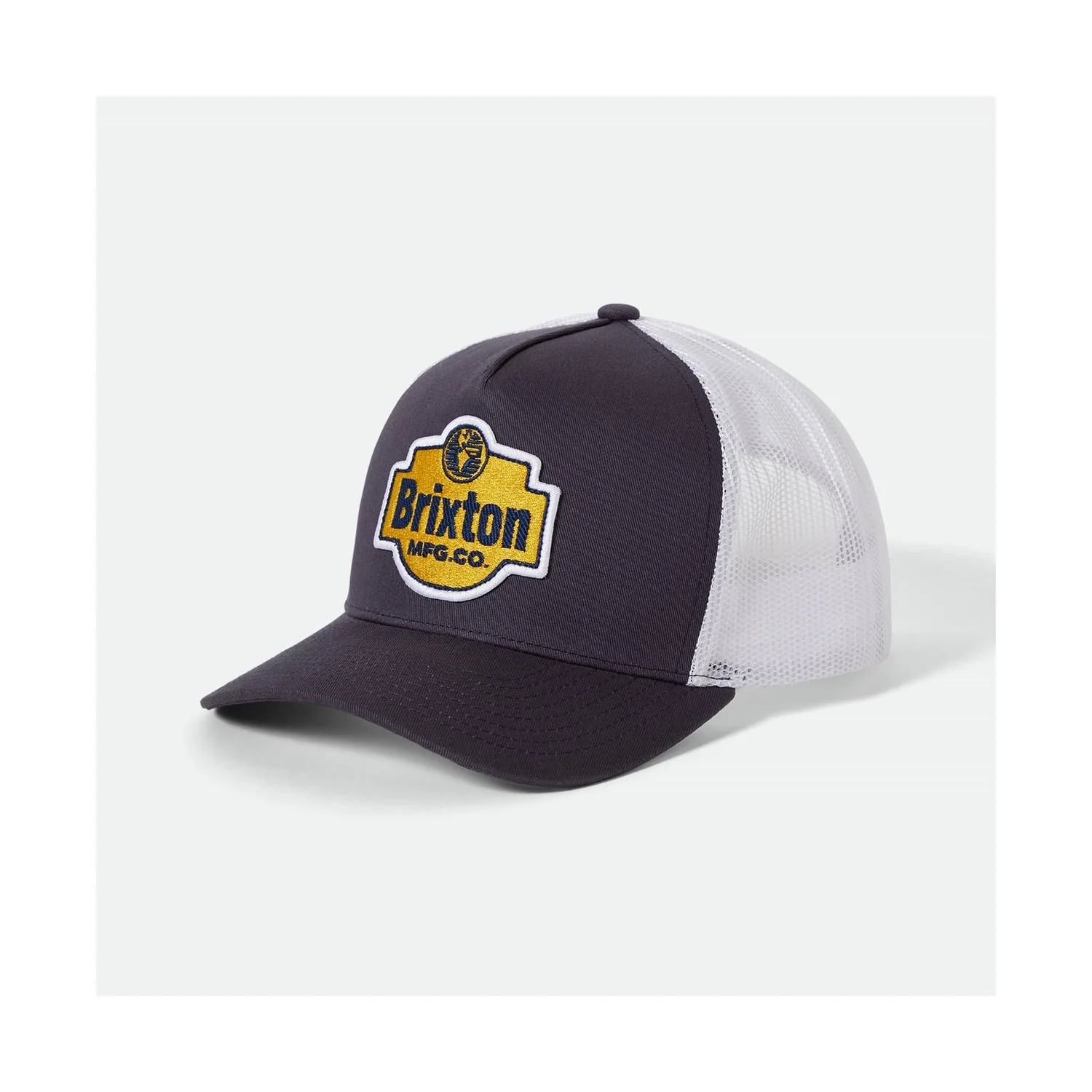 Trucker-Cap, Netzrücken, gebogener Schirm, Schwarz-Weiß, Logo-Aufnäher