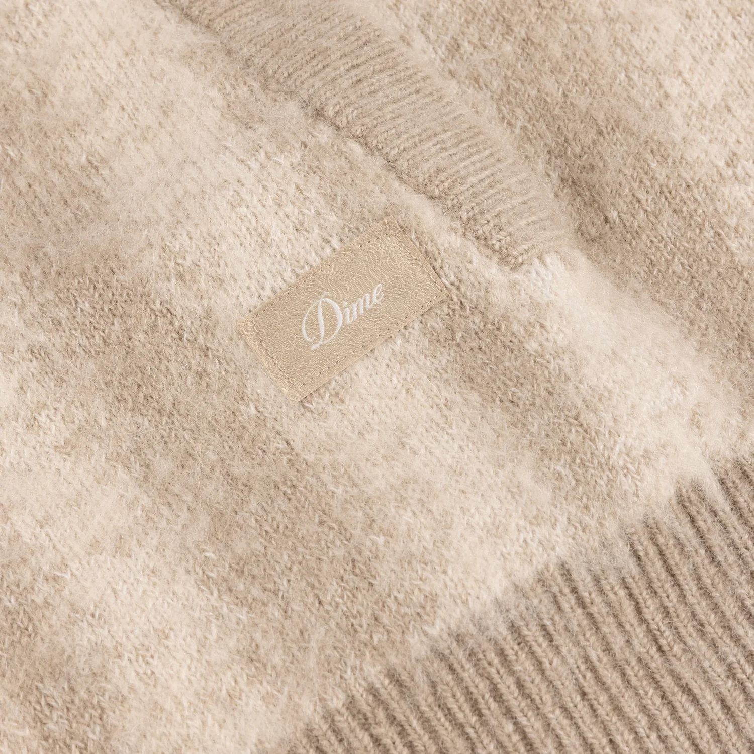 Mohair Striped Zip Hoodie Strickstoff, Beige, Flauschige Oberfläche, Rippstrick, Textilaufnäher