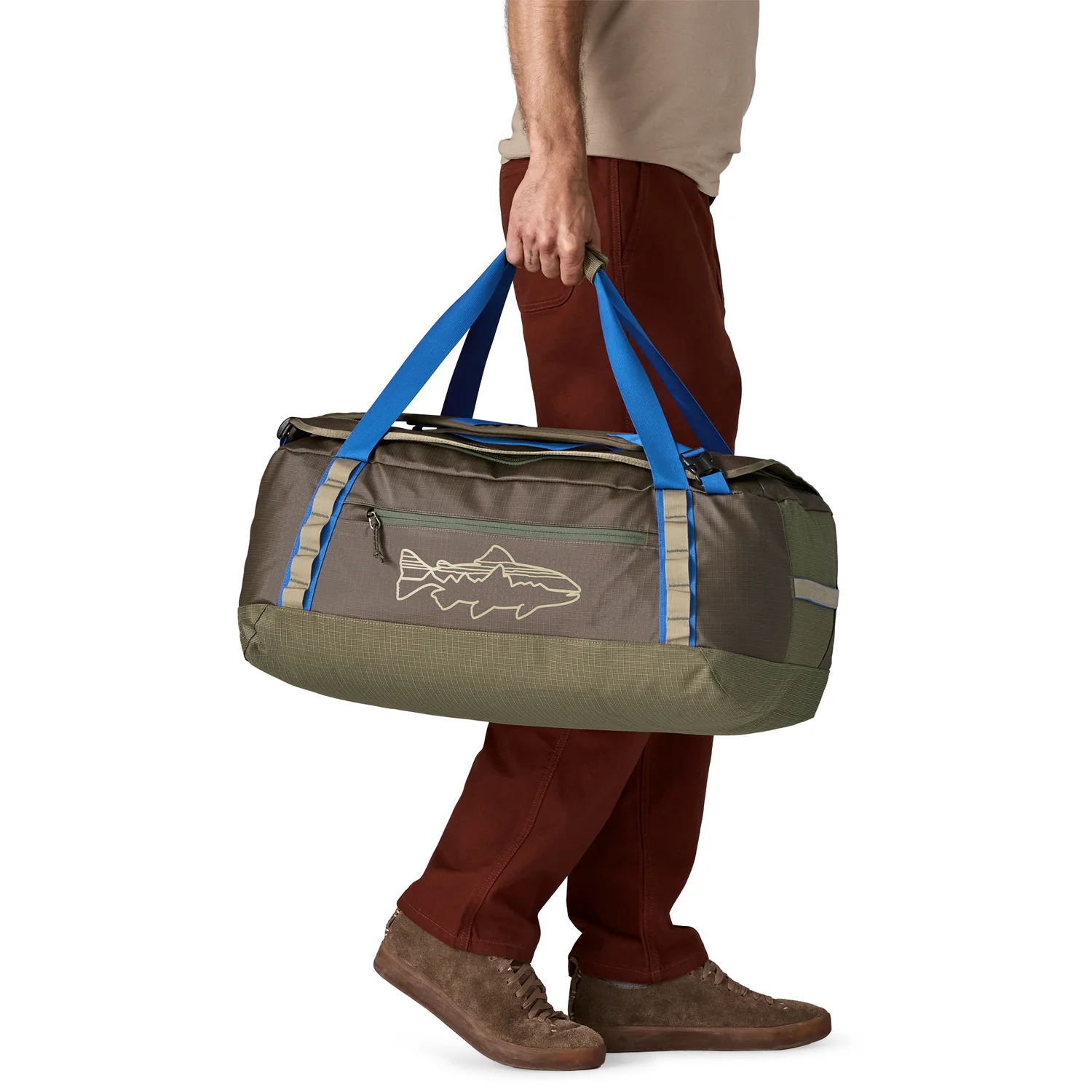 Reisetasche, Duffelbag, Nylon, Olivgrün, Blaue Tragegriffe
