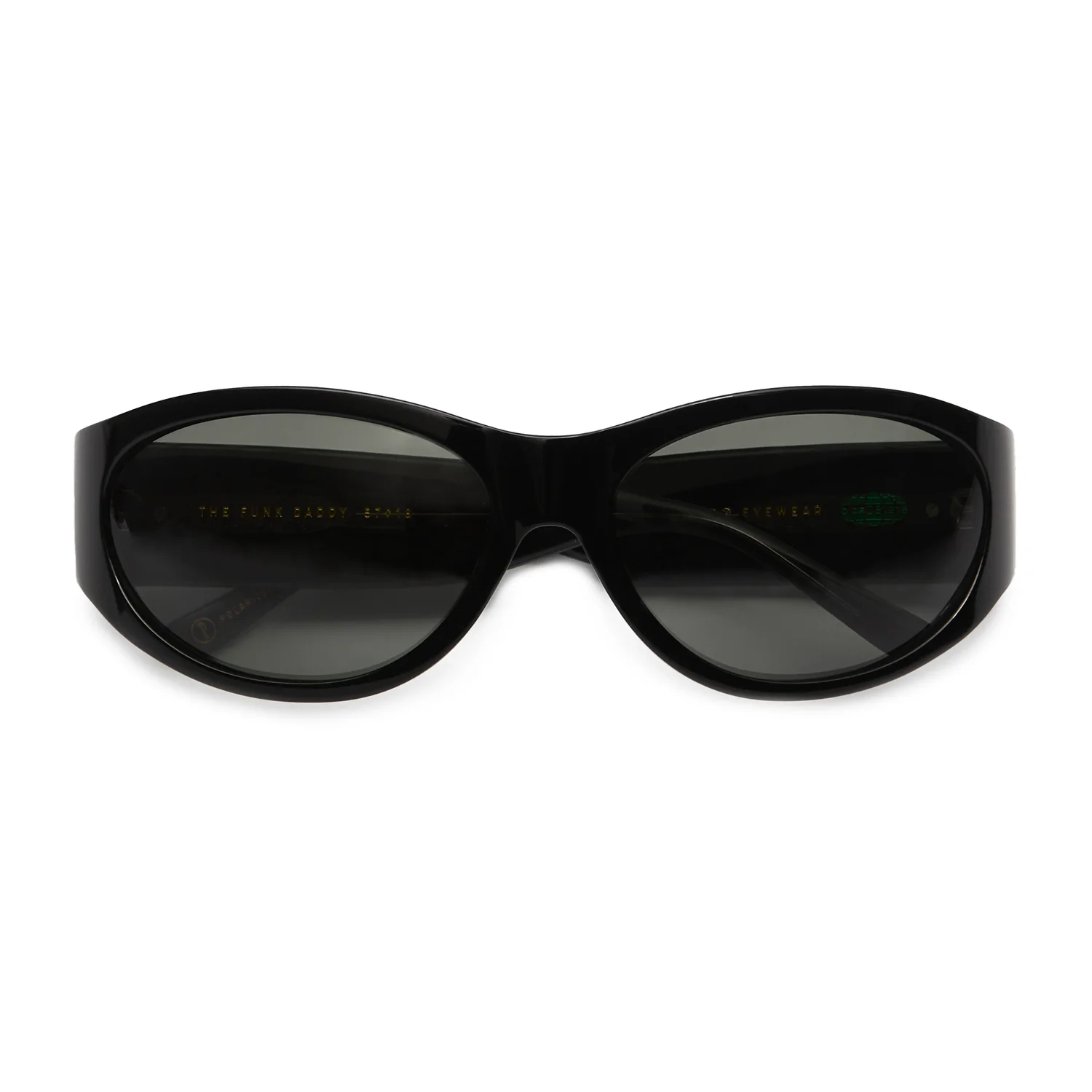 Sonnenbrille, schwarzer Kunststoffrahmen, ovale Gläser, dunkle Gläser