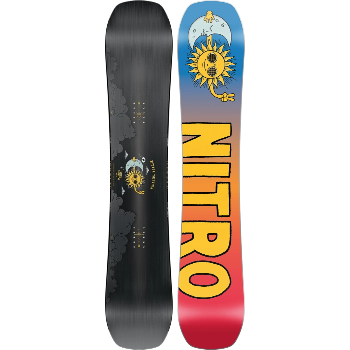 Optisym snowboard, graphic, black board, sun graphic, cliff pattern, Snowboard, Graphit-schwarz, Kosmische Sonnen-Design, Verlauf-Kante, Fette Schrift