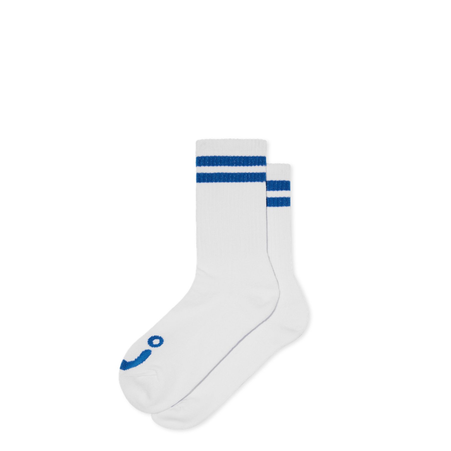 Chaussettes, mi-mollet, blanches, à rayures bleues, logo antidérapant