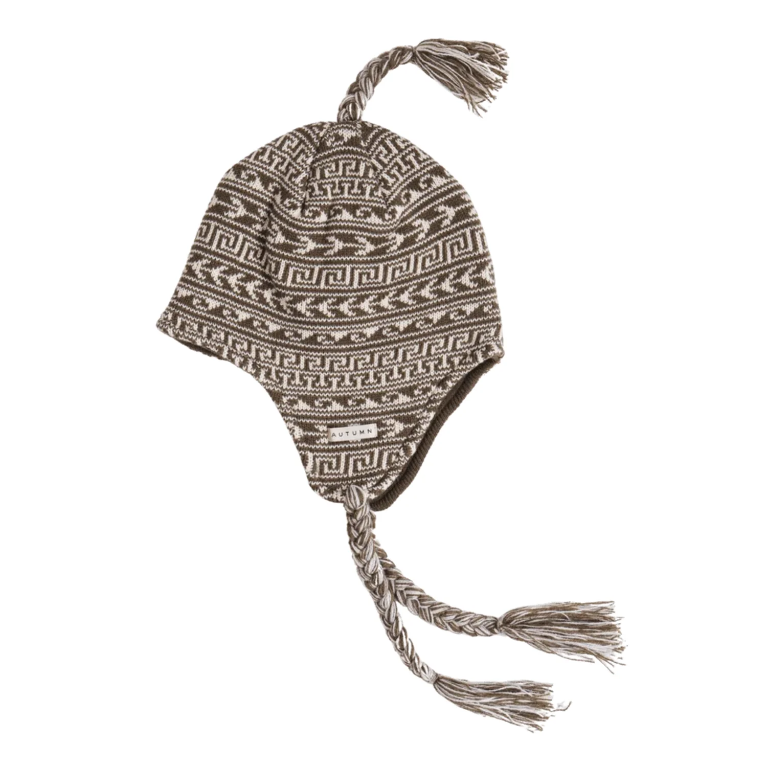 Swell Ear Flap Bonnet en tricot, oreillettes, marron-beige, motif jacquard, pompons