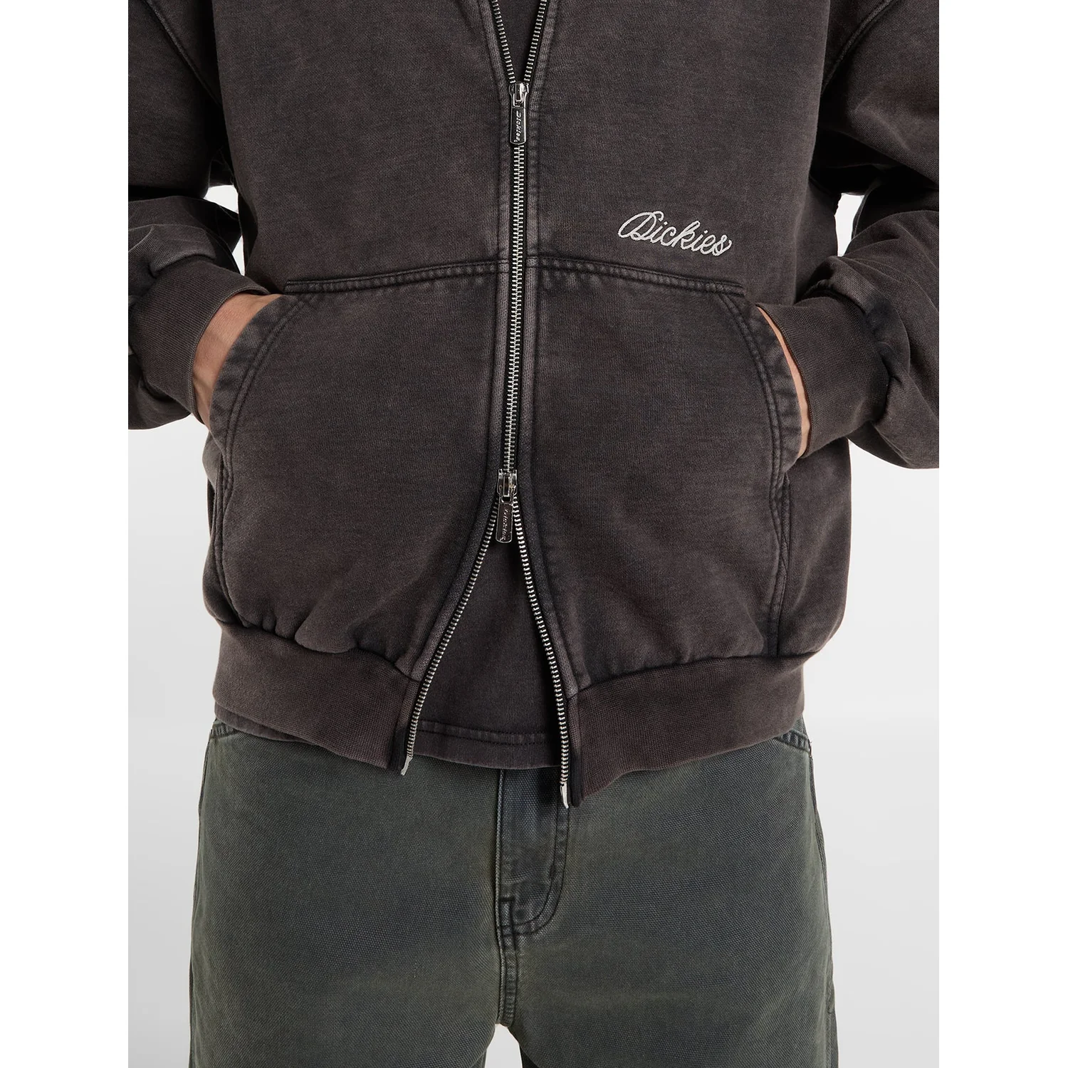 Kapuzenjacke, Reißverschluss, Bauchtasche, Dunkelbraun, Stonewashed