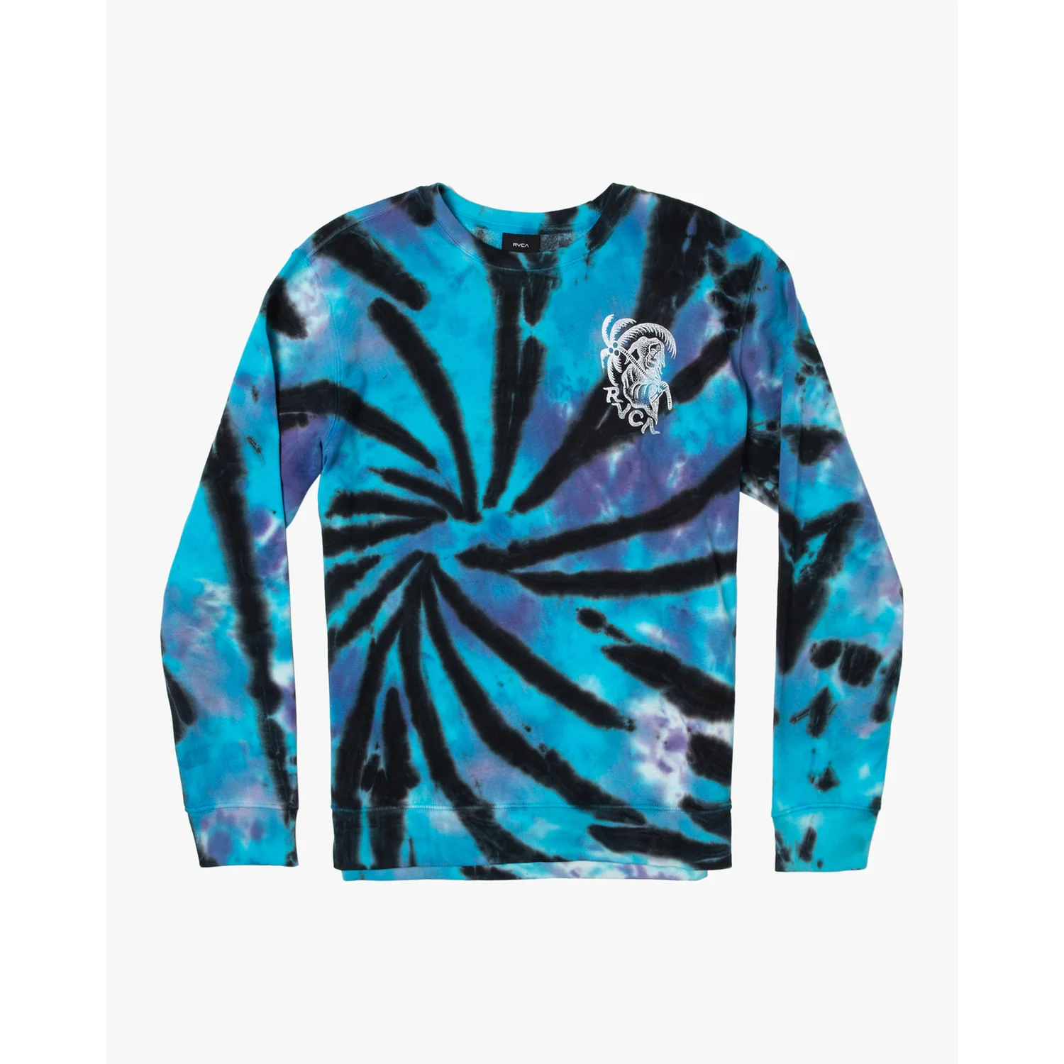 Langarmshirt, Rundhalsausschnitt, Batikmuster, Türkis-Schwarz, Brustprint