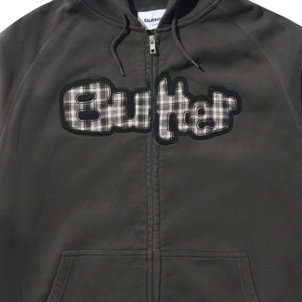 Stretch Zip-Thru Hood sweat à capuche, fermeture éclair, motif à carreaux, écusson, gris foncé