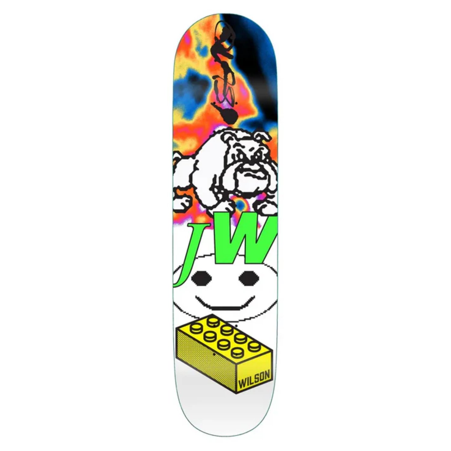 Wilson 'Heatmiser' 8.25 skateboard, graphic, colorful, bulldog, lego block