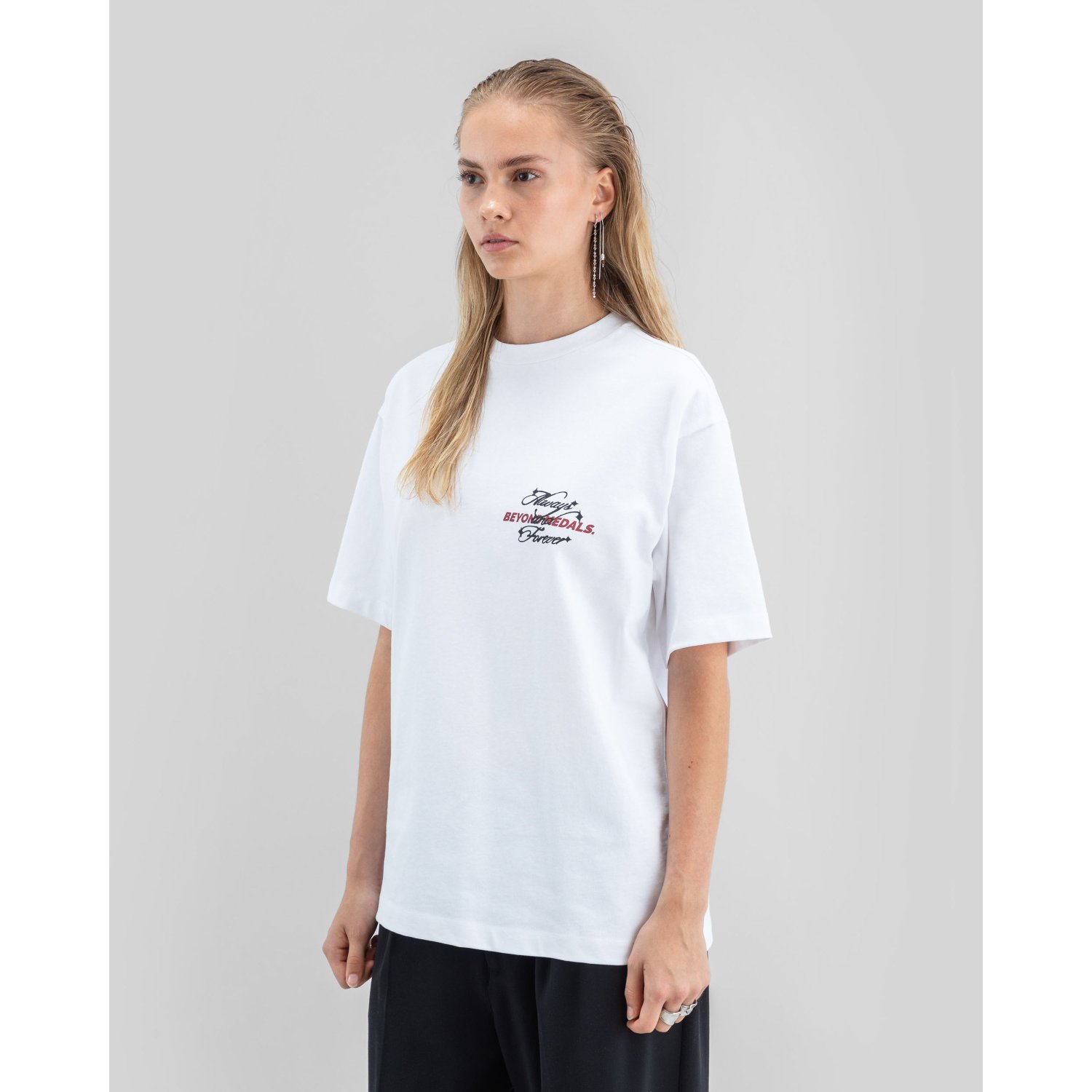 T-shirt, blanc, manches courtes, col rond, imprimé graphique