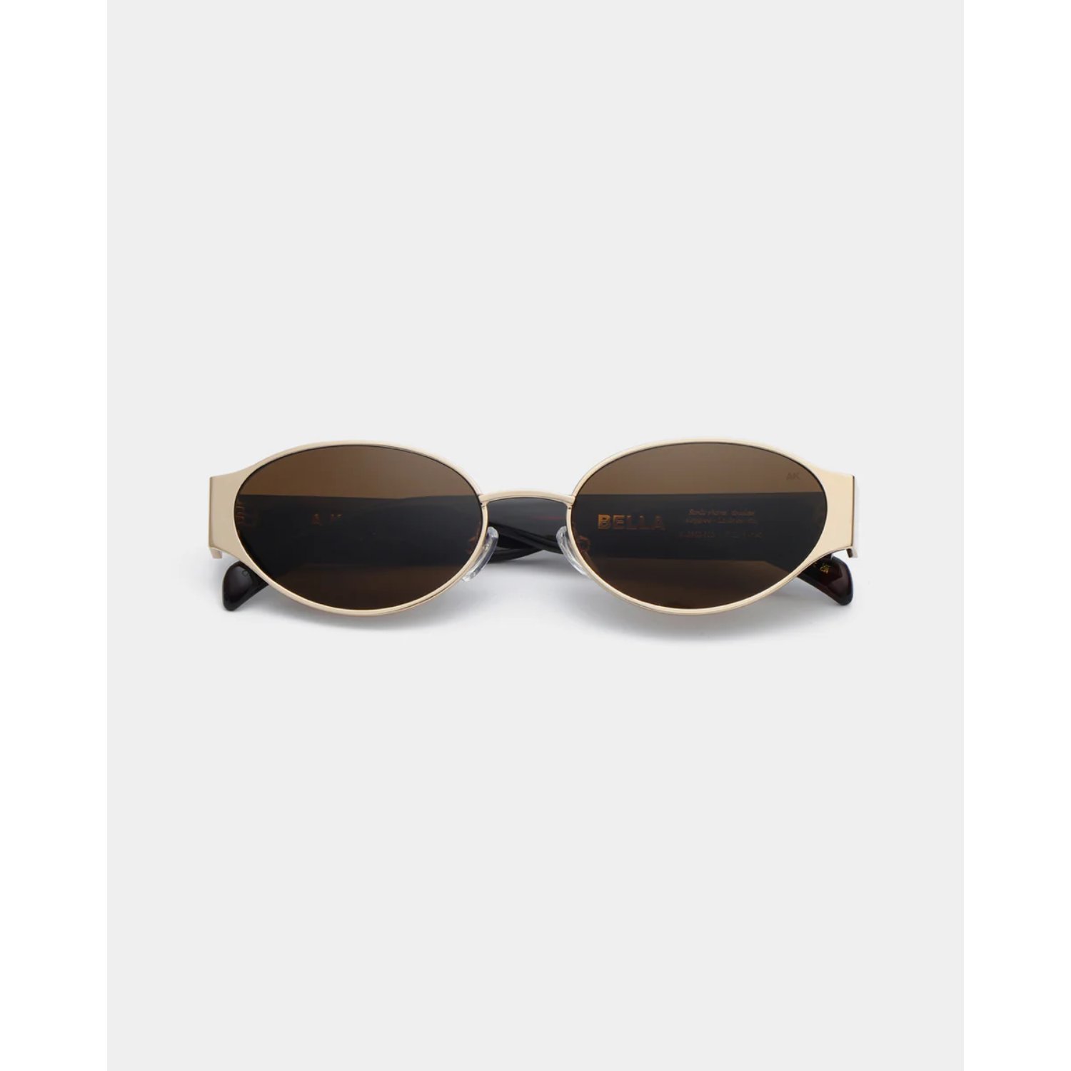 Bella Oval-Sonnenbrille, Braune Gläser, Goldrahmen, Nasenpads, Schmale Bügel