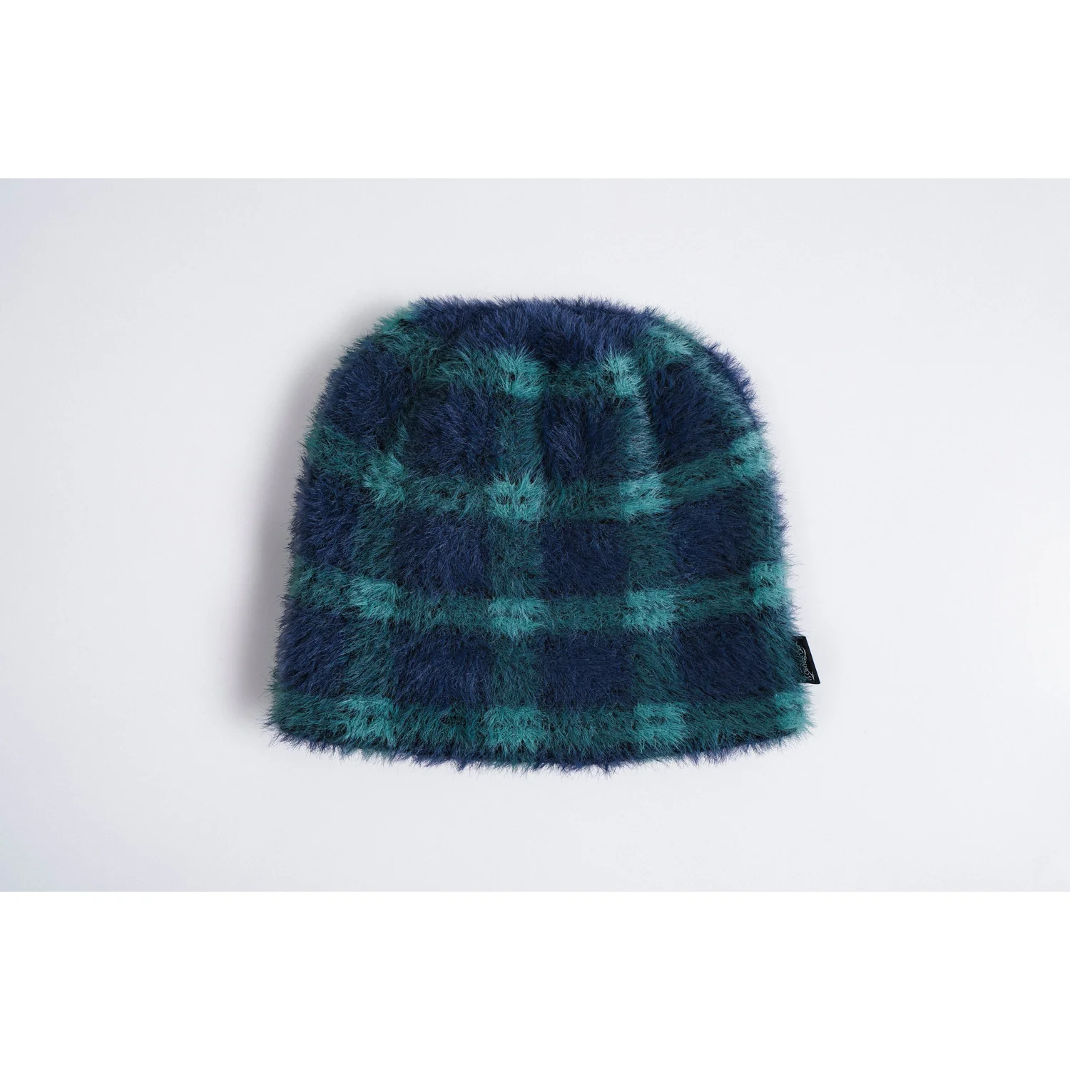 Dobunezumi Mohair Strickmütze, Flauschig, Blau-grün, Karomuster, Umschlaglos