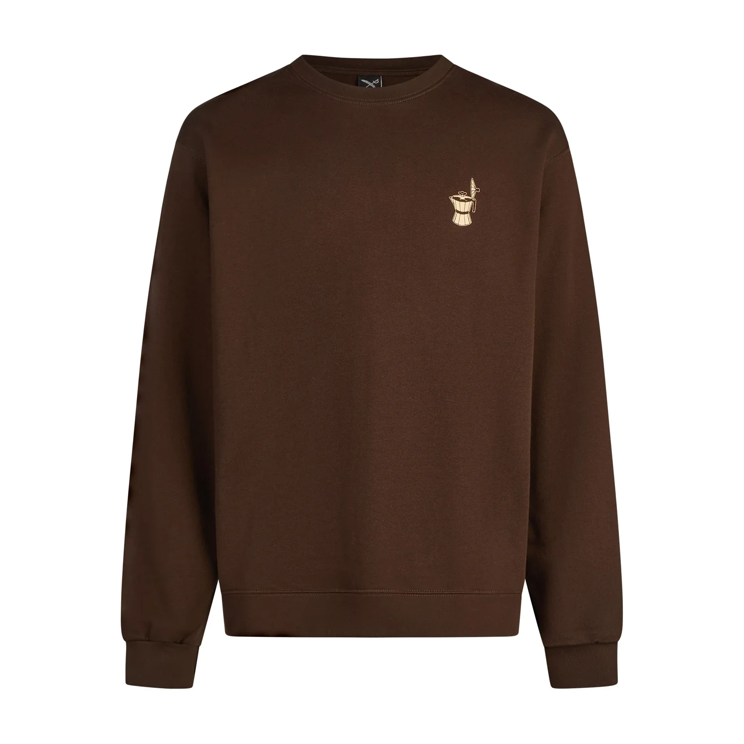 Sweat-shirt, col rond, manches longues, marron foncé, broderie sur la poitrine