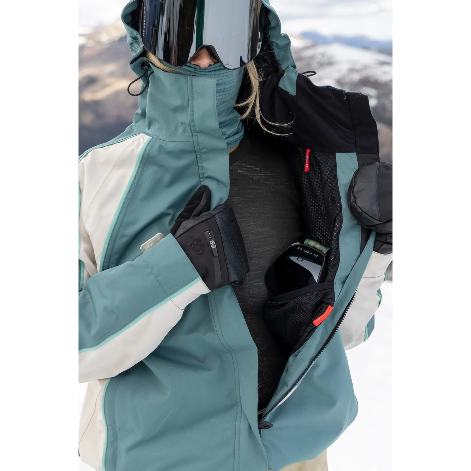 Veste de ski, turquoise, capuche, poche poitrine, jupe pare-neige