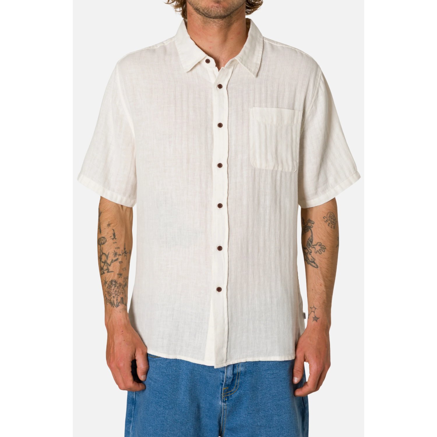 Chemise, chemise à manches courtes, blanche, boutons marron cornaline