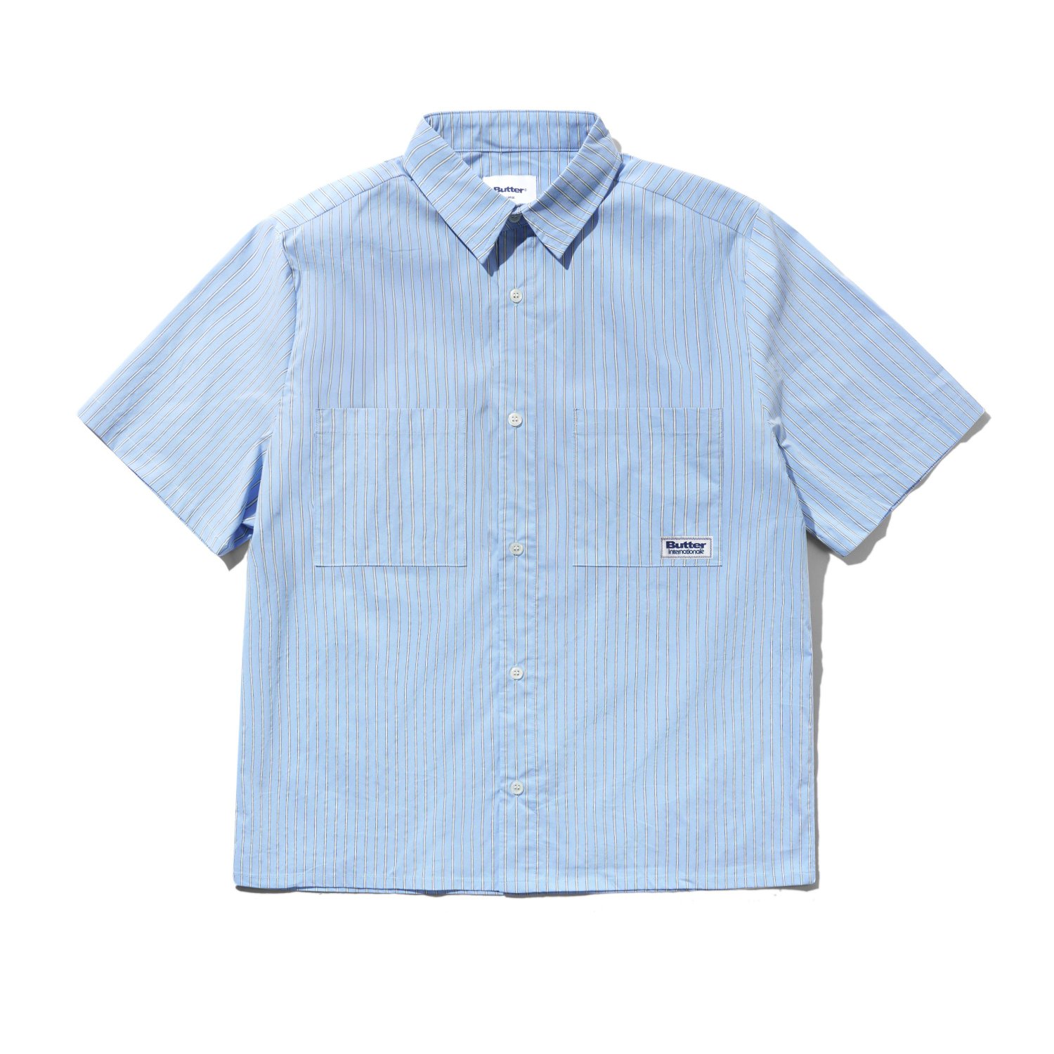 Vertical Stripe S/S Shirt Chemise à manches courtes, fines rayures, chemise en coton, bleu clair, poche poitrine