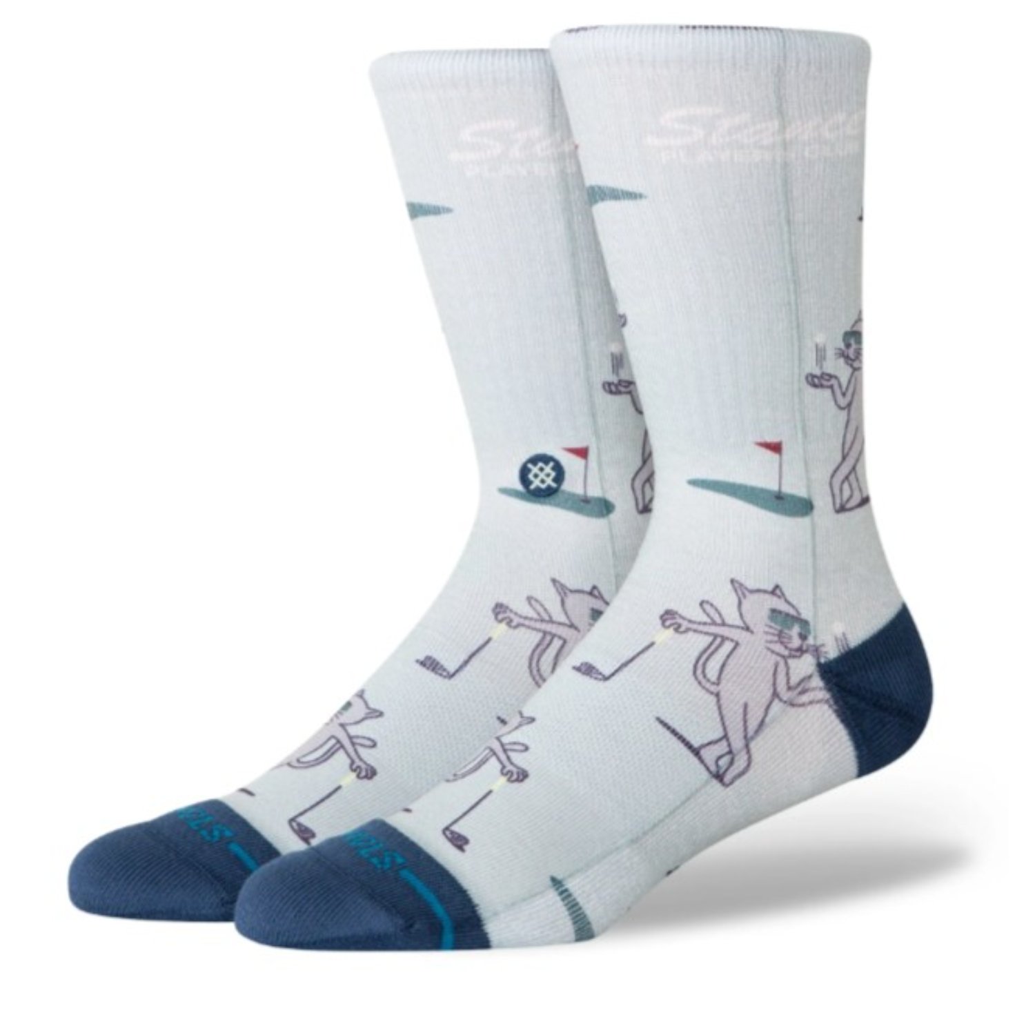 Chaussettes, chaussettes mi-mollet, chats de dessins animés, bleu clair, motif imprimé