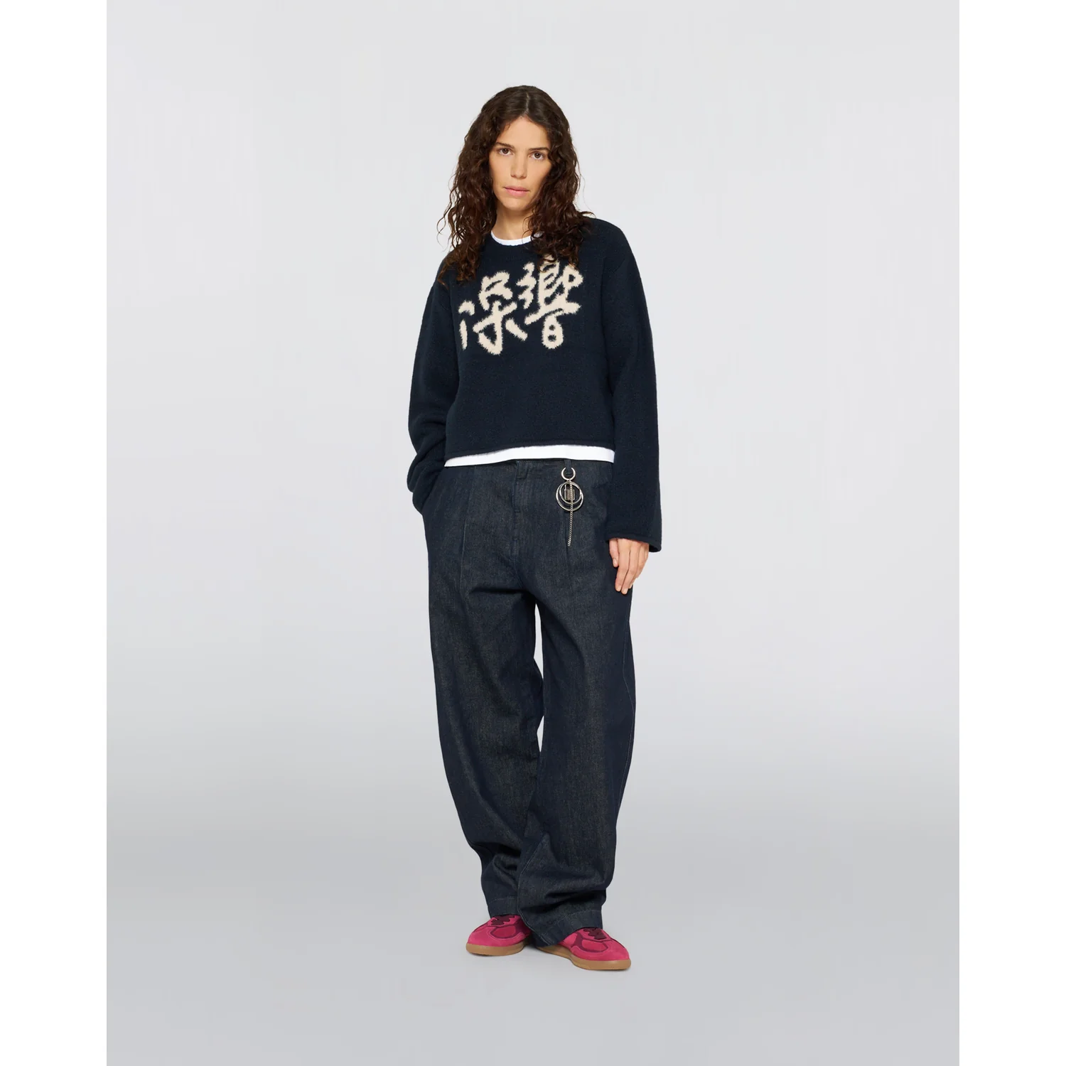 Pullover, Dunkelblau, Rundhalsausschnitt, Grafikprint, Weit geschnitten