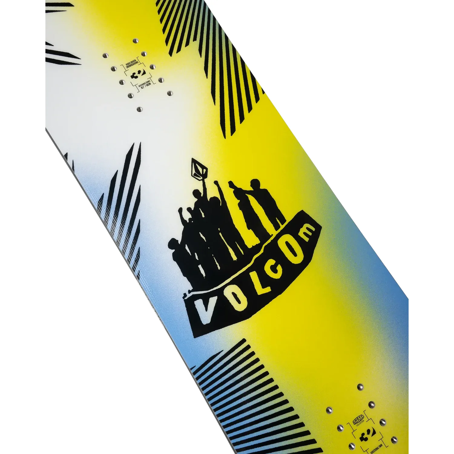 Volcom Byh Youth Snowboard, jaune et noir, motif graphique, planche de freestyle, fixations métalliques