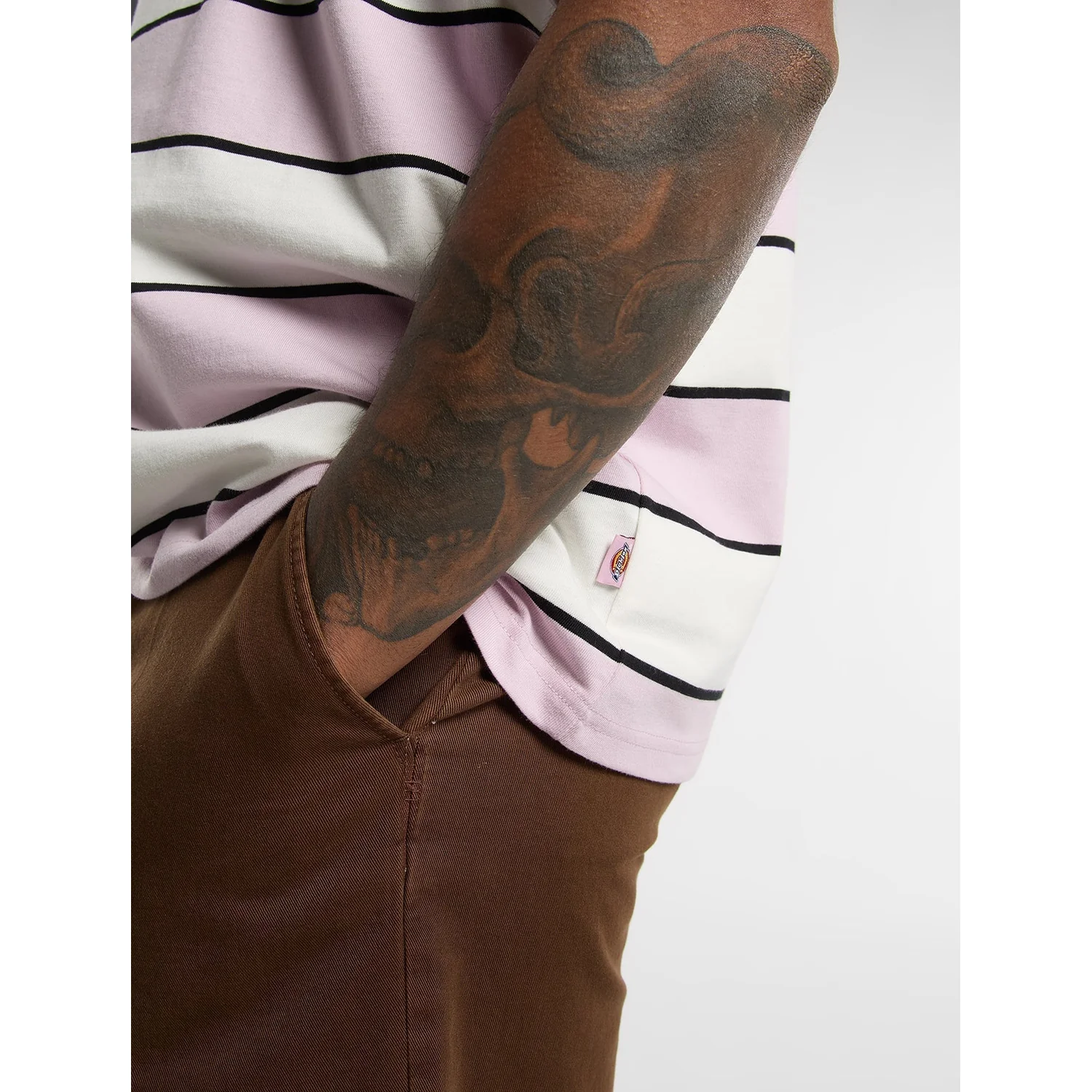 Tee, Streifenshirt, Rosa Streifen, Rundhals, Dickies Logo, Tee, Streifen, Rosa, Weiß, Logo-Text, T-Shirt, Längsstreifen, Rosa, Weiß, Arm-Tattoo, Gestreiftes Shirt, Rosa-Weiß, Schwarze Streifen, Kurzarm, Baumwolle