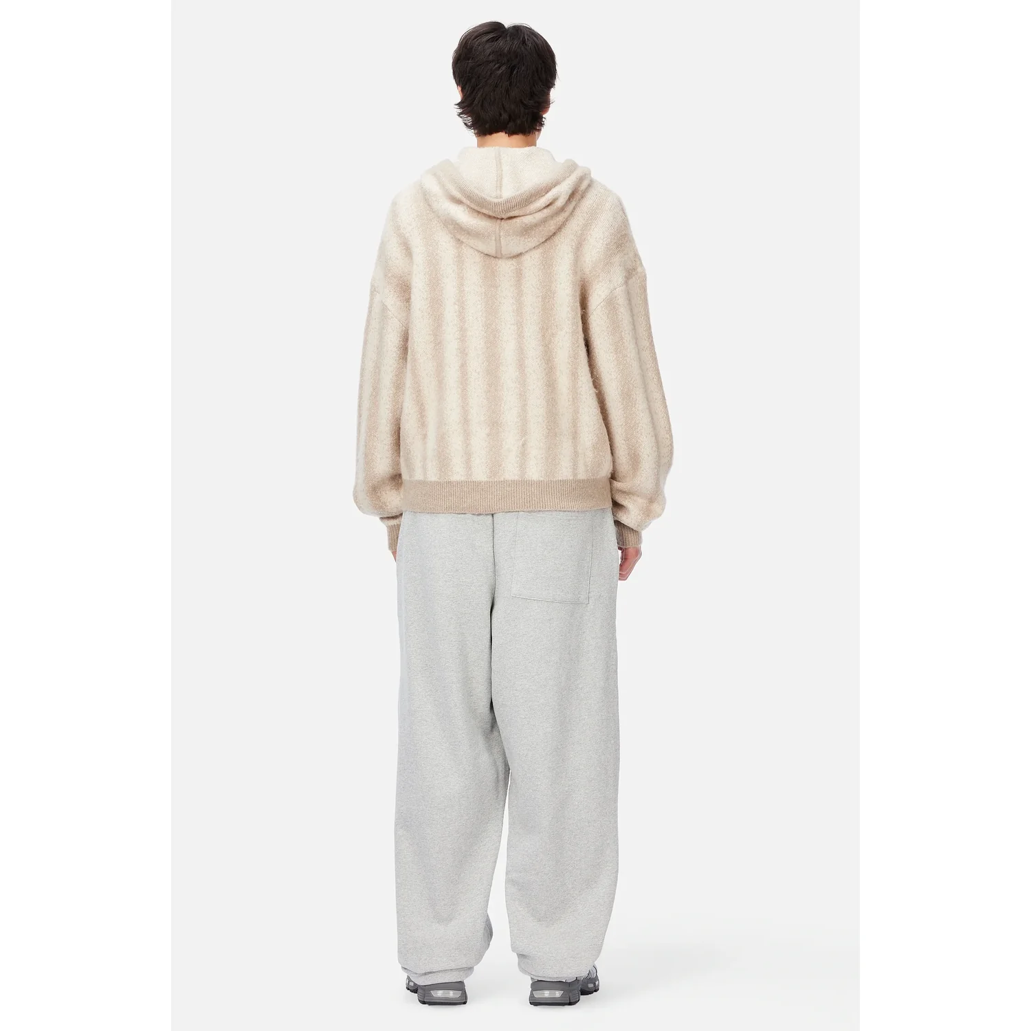 Mohair Striped Zip Hoodie Strickhoodie, Kapuze, Beige, Rippbündchen, Graue Jogginghose