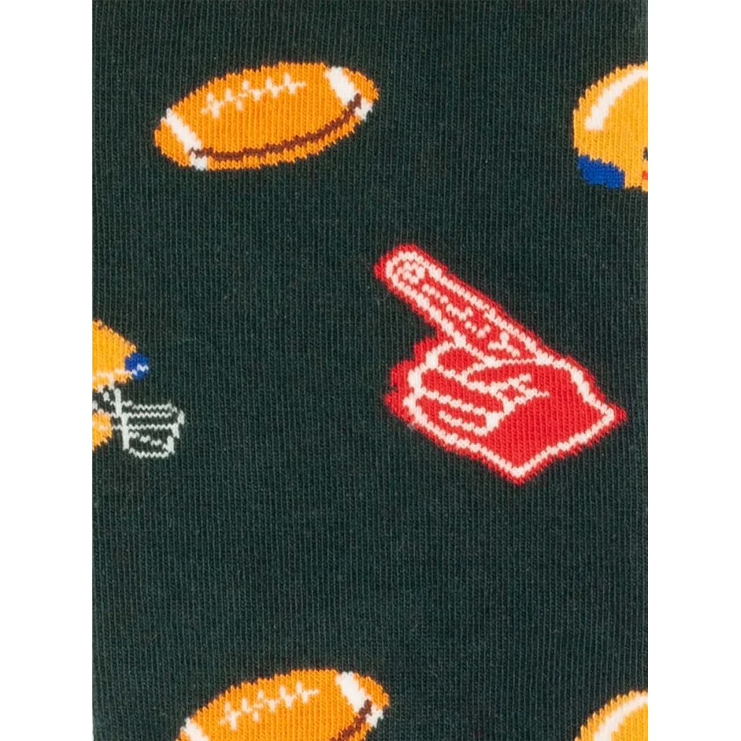 Quarterback Tissu vert foncé, motif de ballons de football américain, ballons de football américain orange, motif de main rouge, tissu tricoté