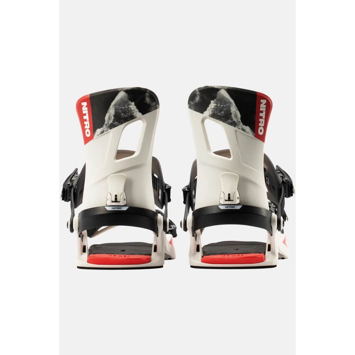 Fixations de snowboard, fixations « Nitro », blanc-noir-rouge, fixations « », Lucid Highback, fixations de snowboard, équipement de snowboard, fixations blanches, sangles arrière, paire de fixations