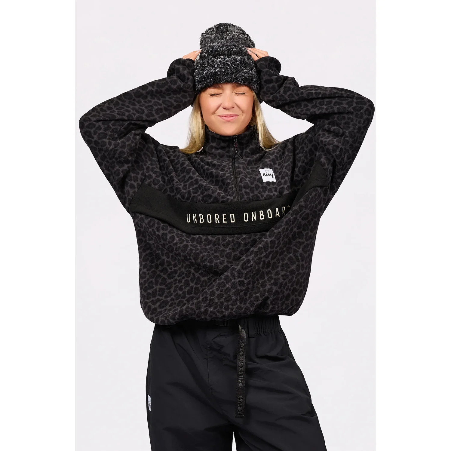 Leopardenmuster, Fleece-Pullover, Halfzip, Kapuzenpullover, Sweatshirt, Fleecepullover, Leopardenmuster, Halber Reißverschluss, Schwarzgrau, Bommelmütze