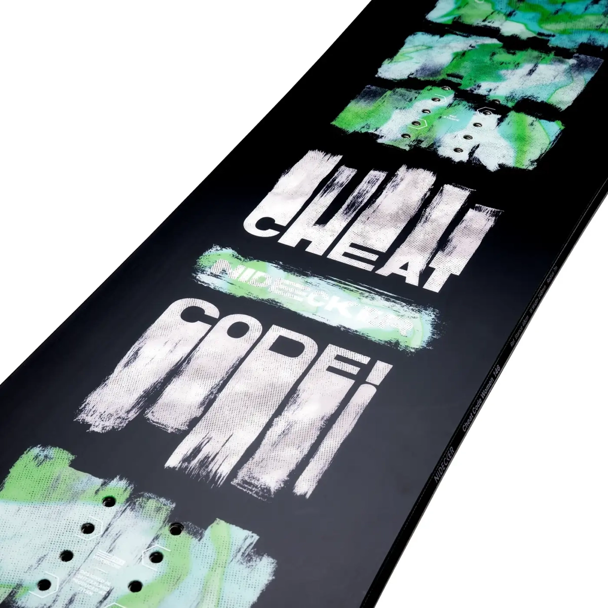 Cheat Code Women skateboard, planche, graphisme, peint, vert, snowboard, impression graphique, touches de vert, fond noir, trous de fixation métalliques