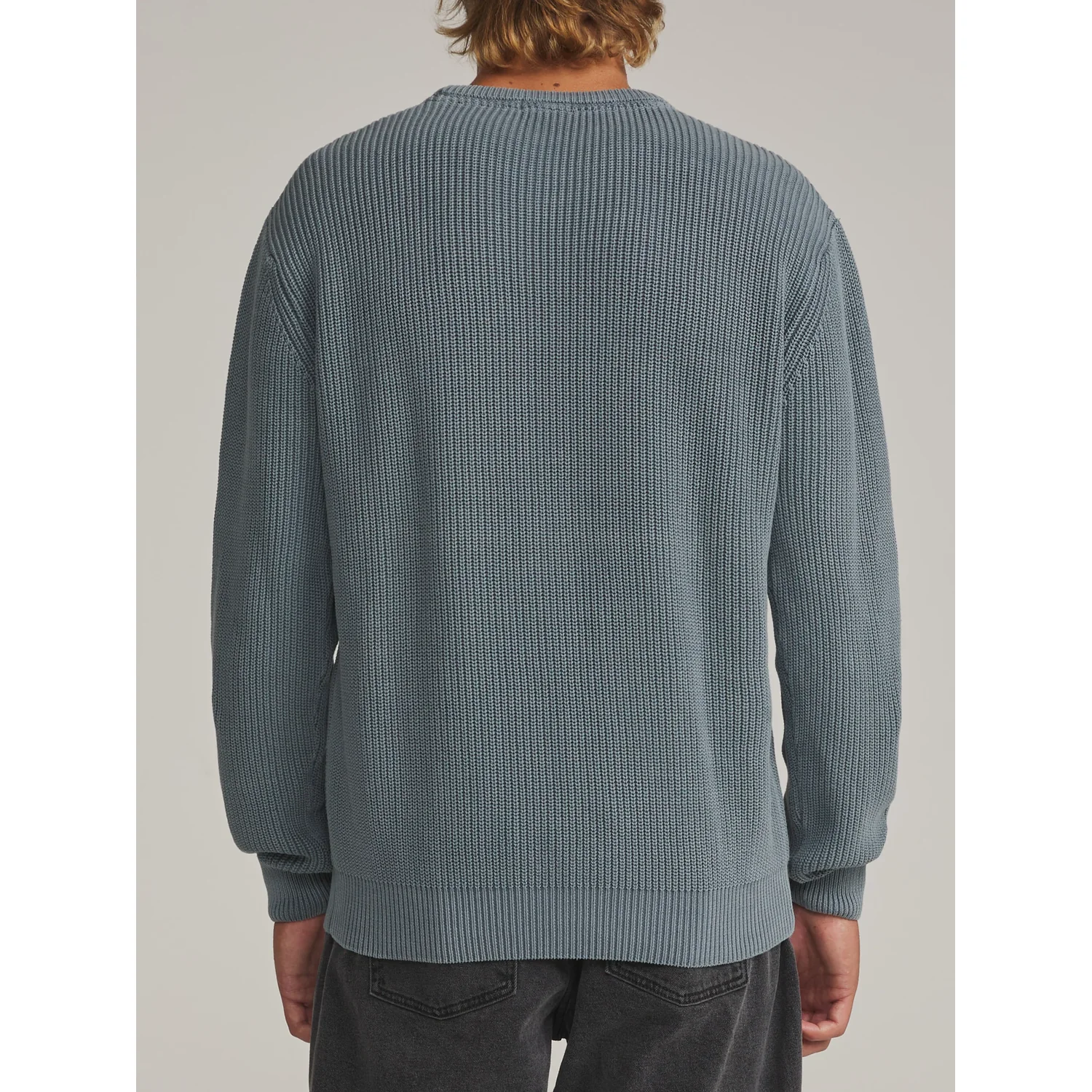 Strickpullover, Rundhalsausschnitt, Blaugrau, Strickstruktur, Rippbündchen