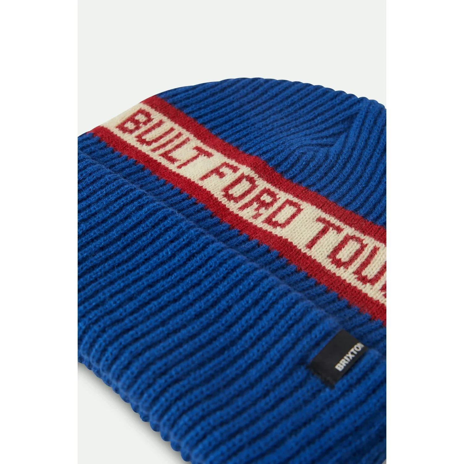 Strickmütze, Rippstrick, Blau, Rot-weißer Streifen, Umschlagrand