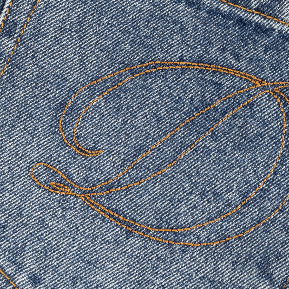Denim, Blue jeans, Orange stitching, Leather-like embroidery, Pocket detailing