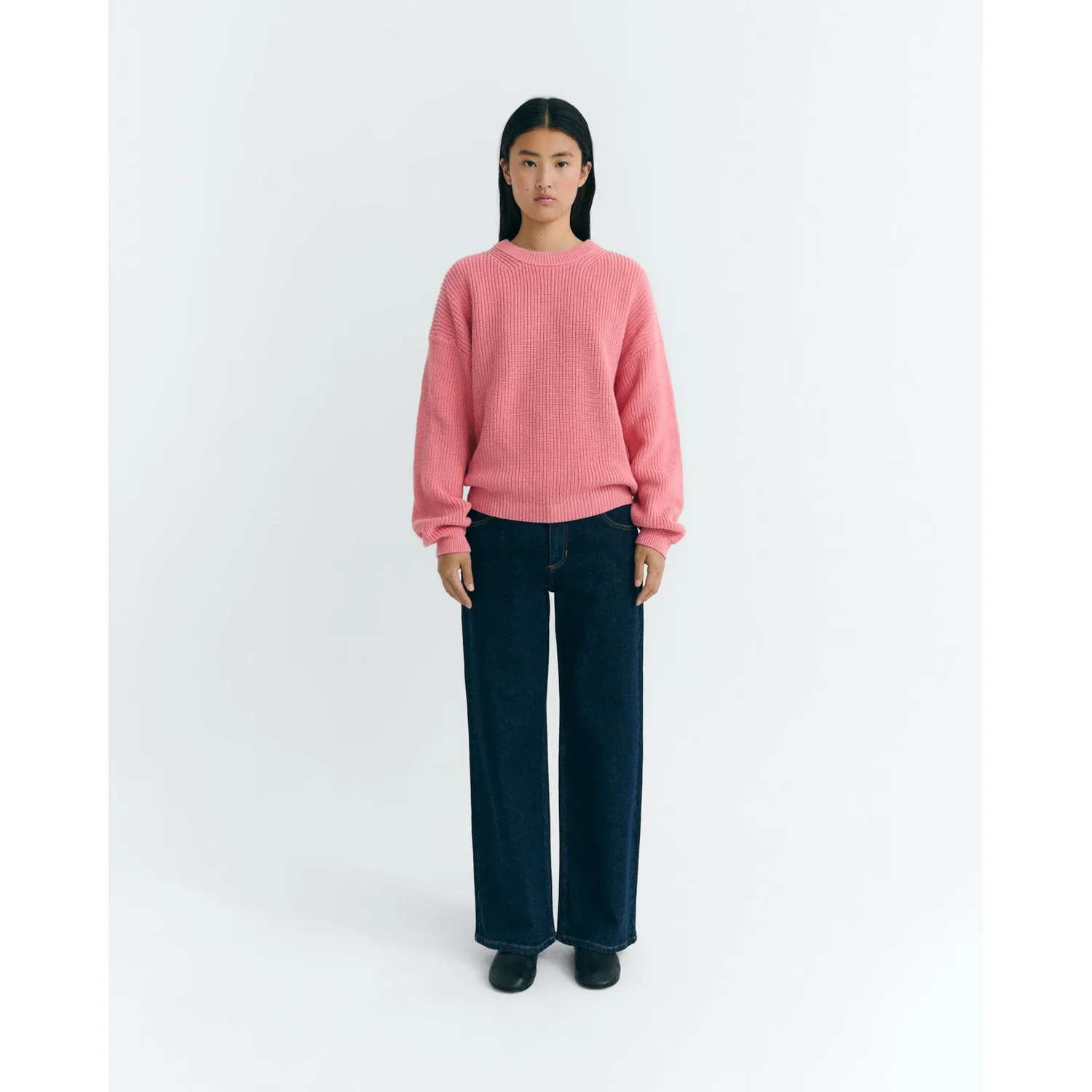 Strickpullover, Rundhalsausschnitt, Rosa, Rippstrick, Überschnittene Schultern