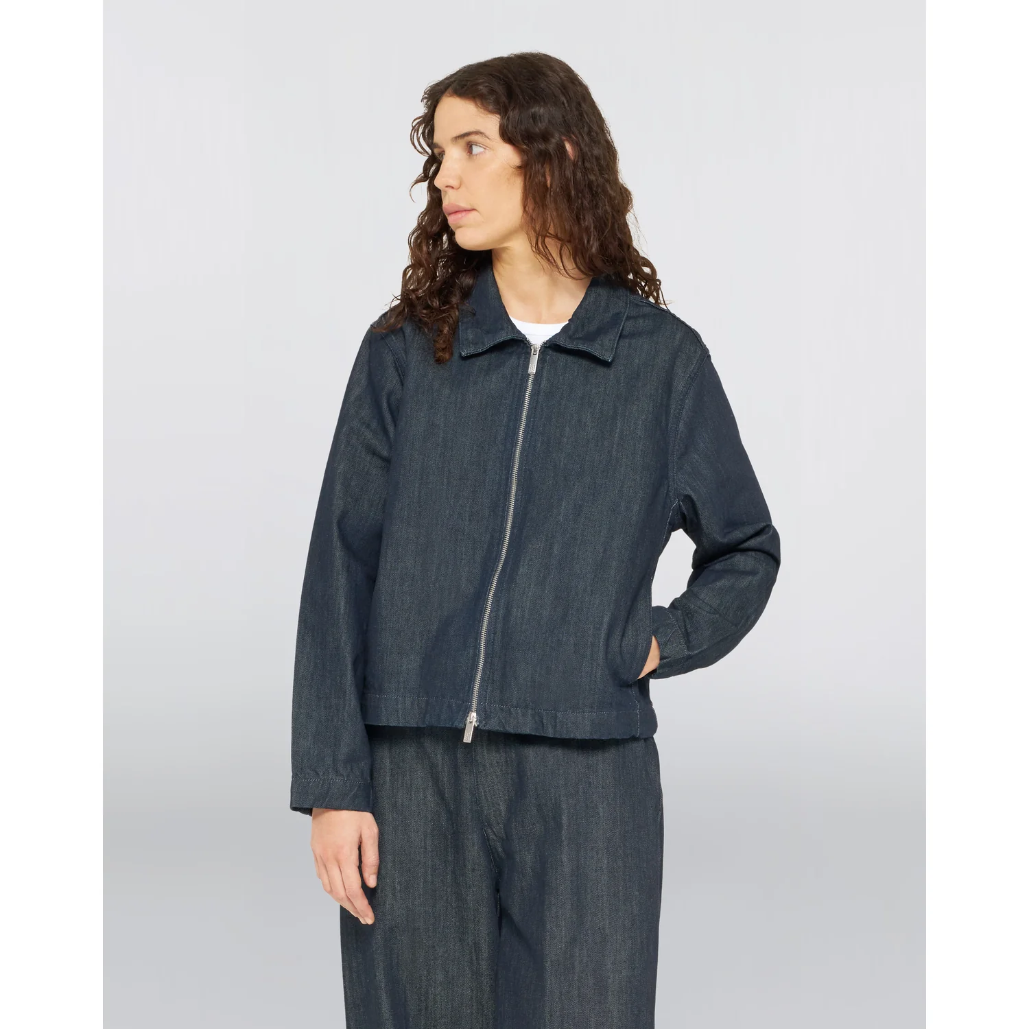 Jeansjacke, Dunkelblau, Reißverschluss, Umlegekragen, Langarm