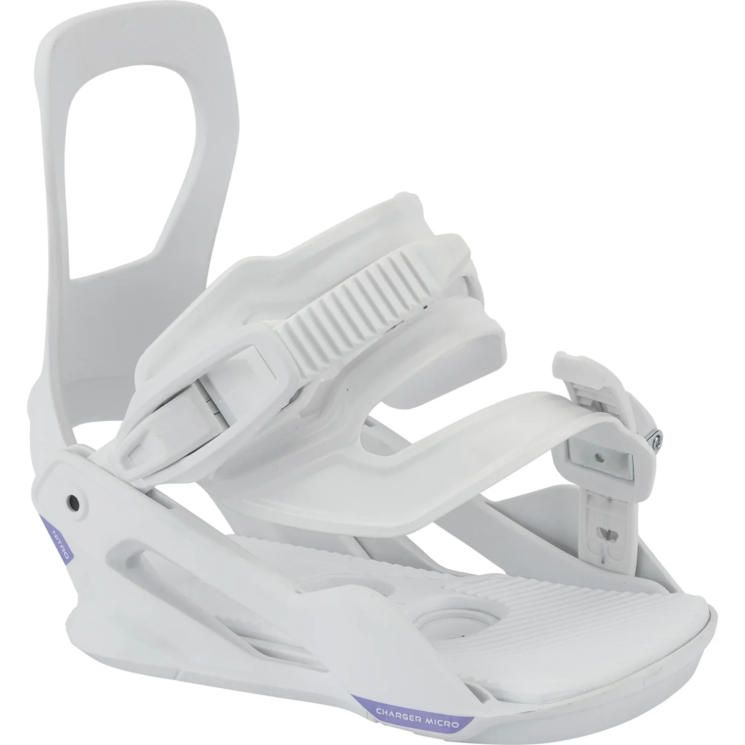 Fixation de snowboard, blanche, en plastique, fermeture à cliquet, sangles réglables