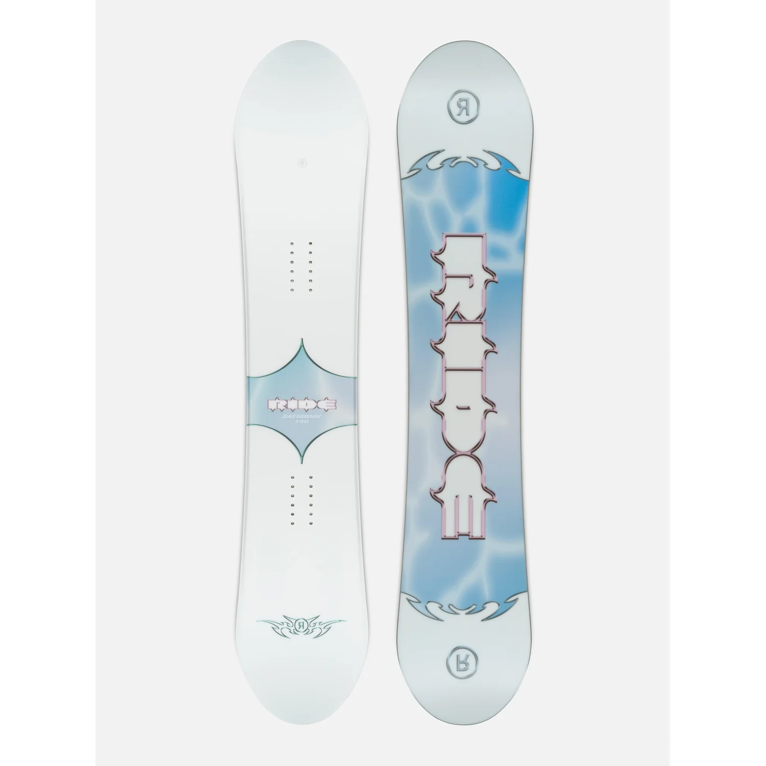 Snowboard, Weiß-blau, Grafikmuster, Damen-Snowboard, Bindungsbohrungen