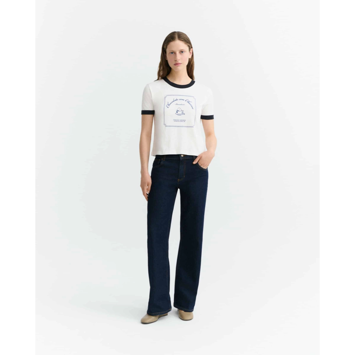 Hose, Jeans, Dunkelblau, Slim Fit, Baumwolle, t-shirt, weiß, kurzarm, Kontrast-Paspel, Grafik-Tee