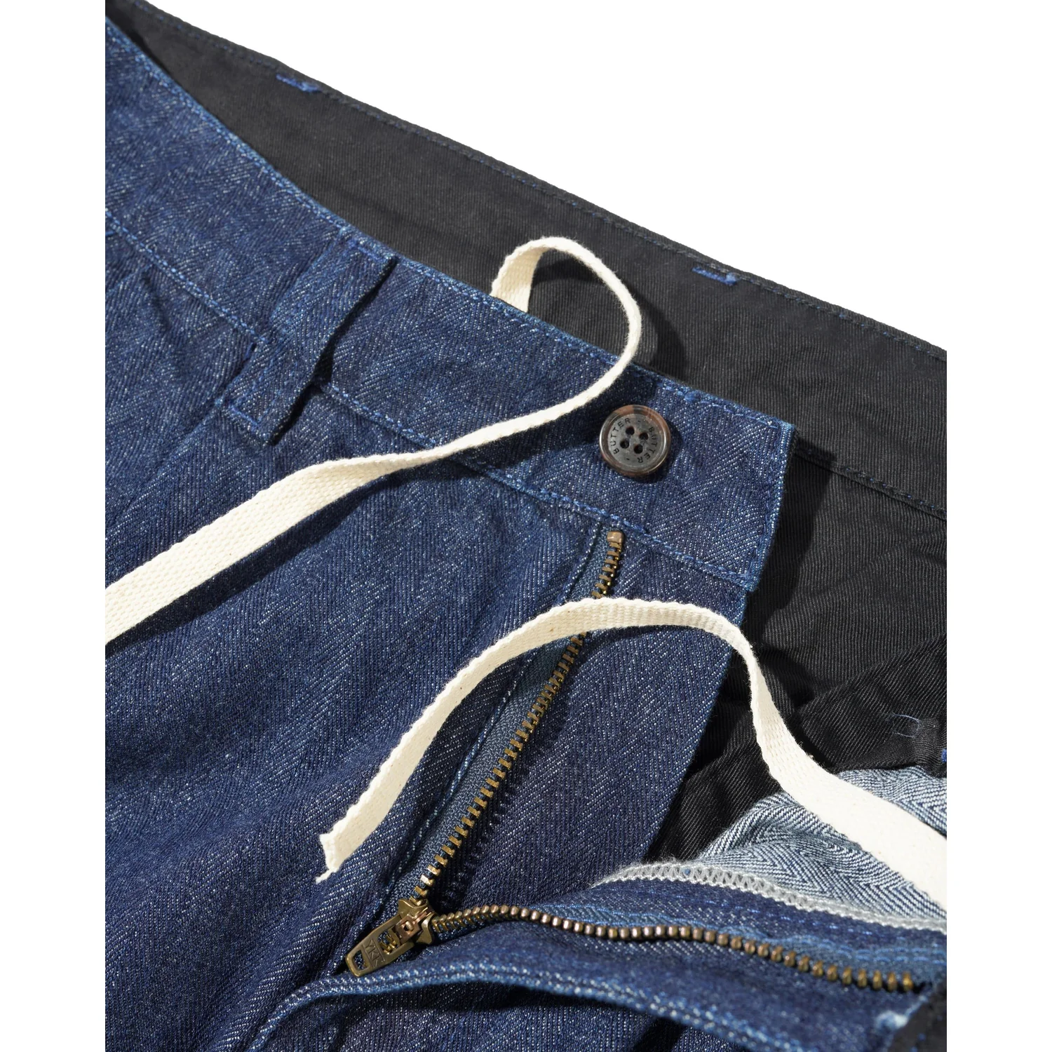 Pleated Trousers Jeans, Dunkelblau, Denim, Reißverschluss, Kordelzug