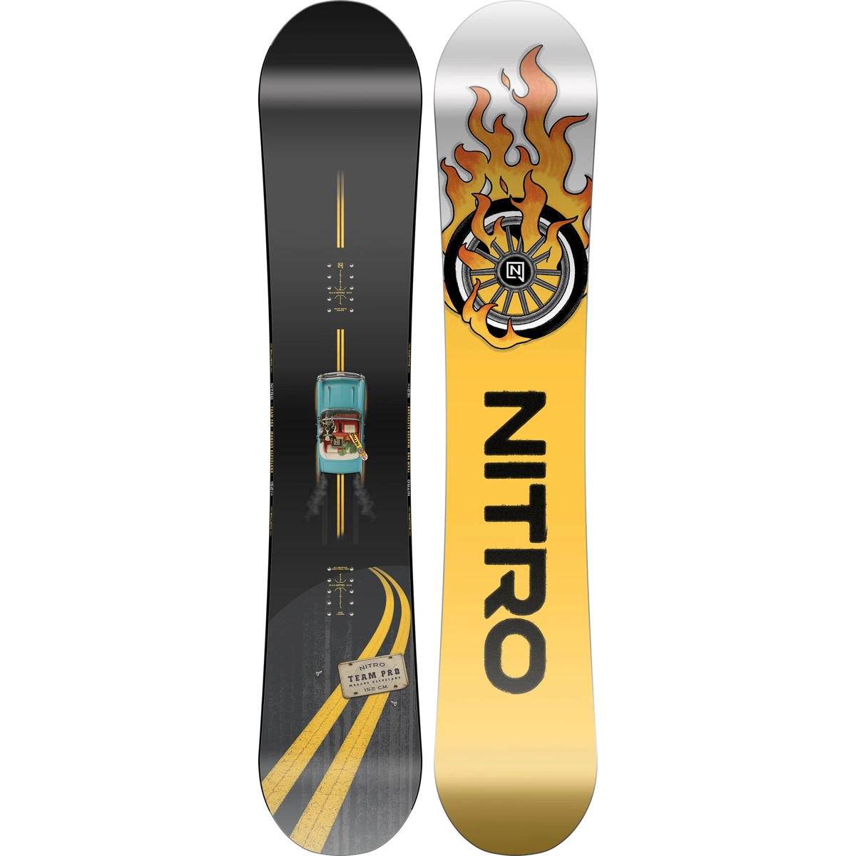 Team Pro MK Longboard, graphismes de planche, jaune, illustration de flammes, montage de roues, snowboard, graphisme, flammes, jaune, planche