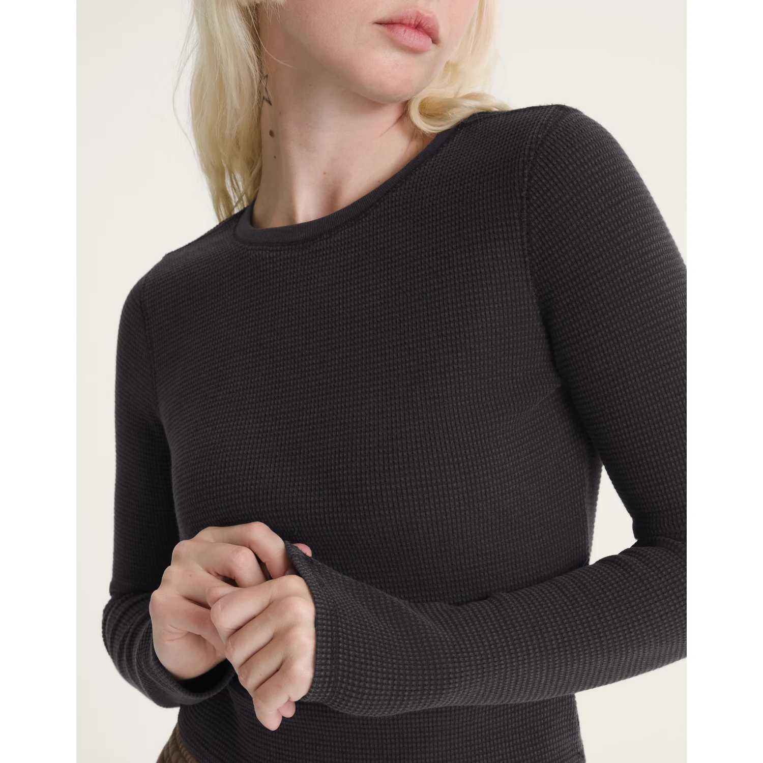 Langarmshirt, Damenoberteil, Anthrazit, Waffelstruktur, Rundhalsausschnitt