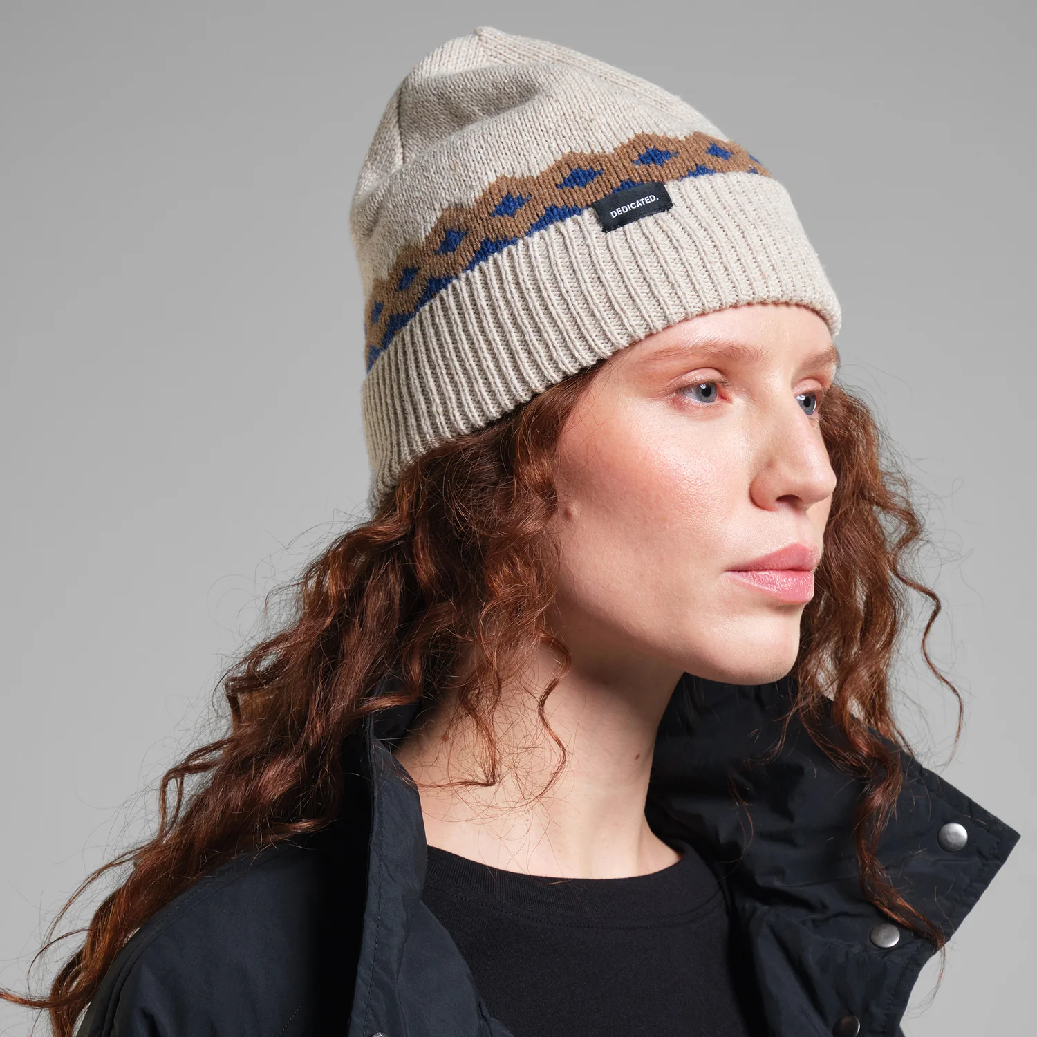 Beanie Hemavan Wool Strickmütze, Rippstrick, Beige, Jacquardmuster, Umschlag