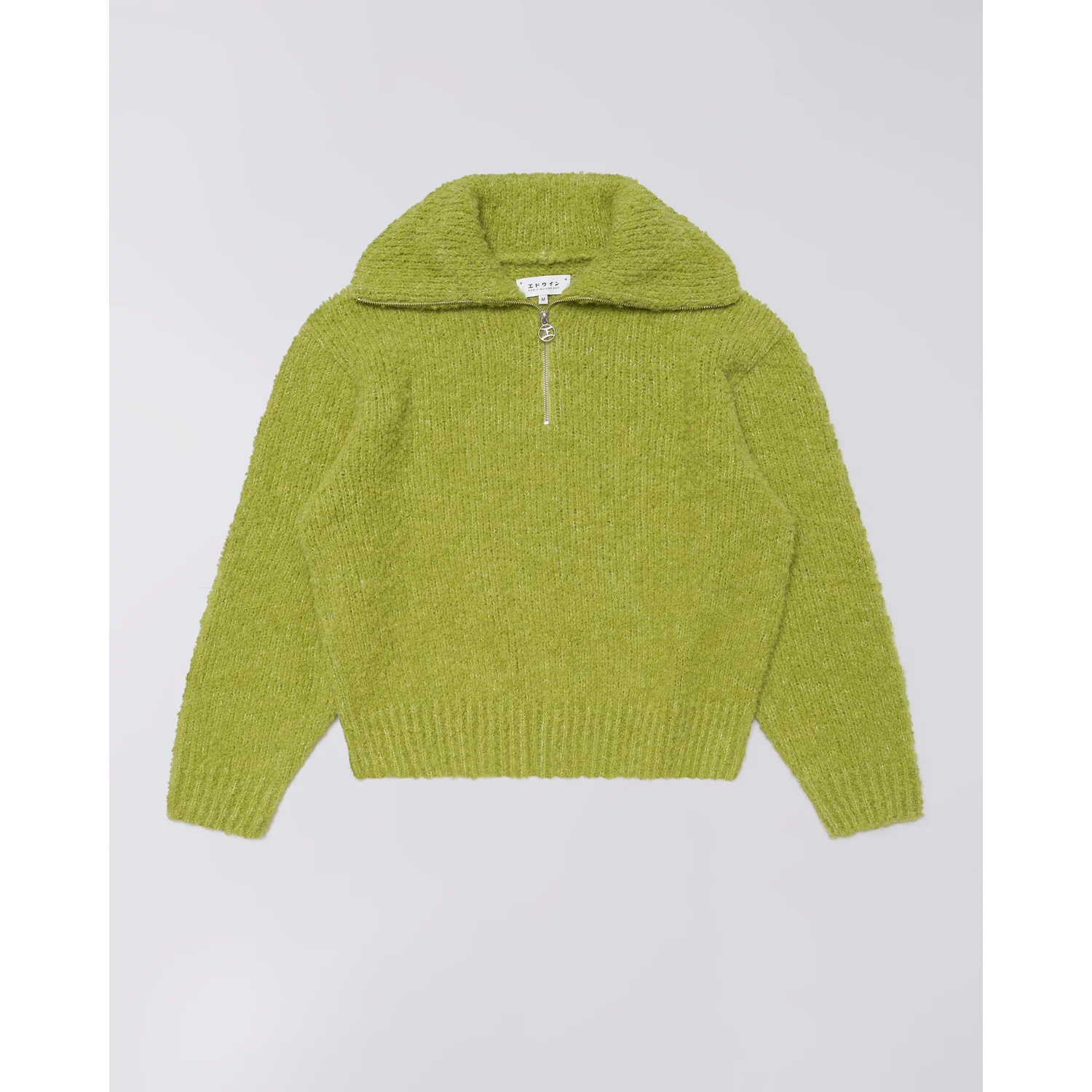 Strickpullover, Limettengrün, Reißverschluss, breiter Kragen, Langarm