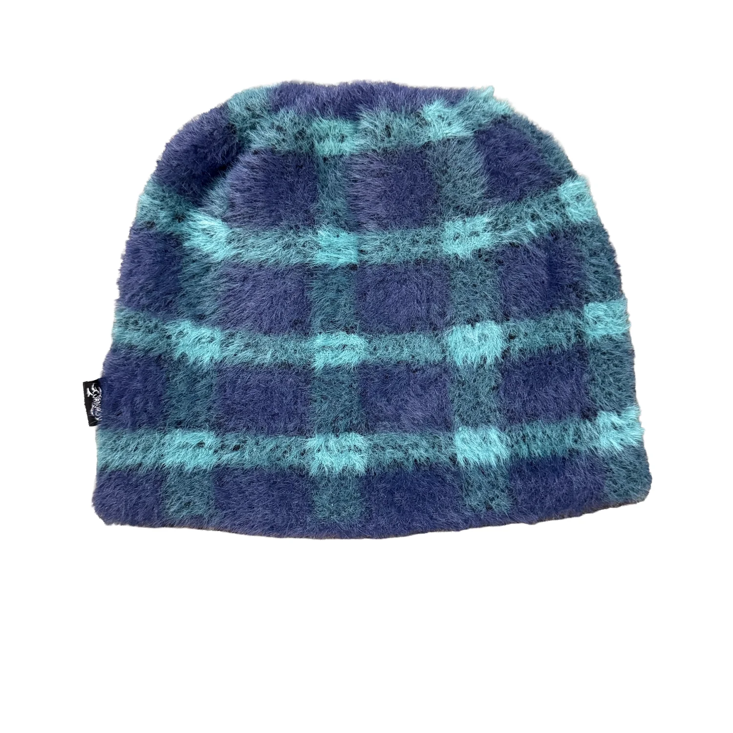 Dobunezumi Mohair Strickmütze, Flauschiger Stoff, Blau türkis, Karomuster