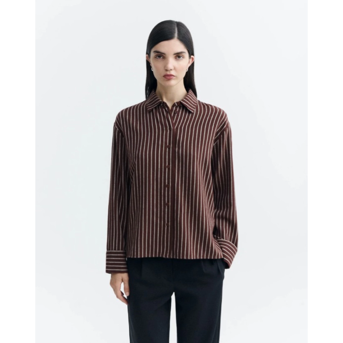 Chemise à rayures, manches longues, marron, col