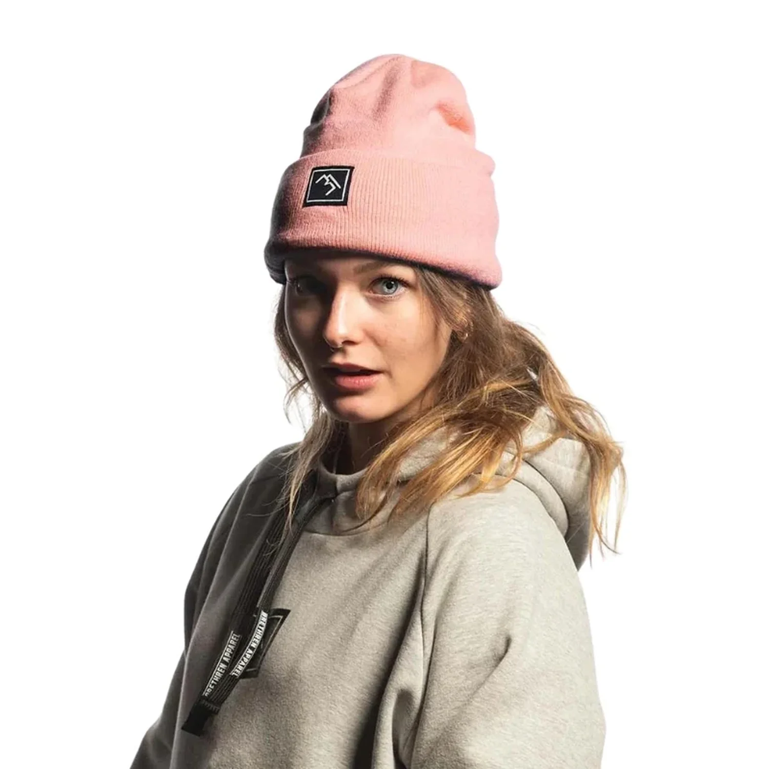 Bonnet en tricot, rose, bord roulé, maille côtelée